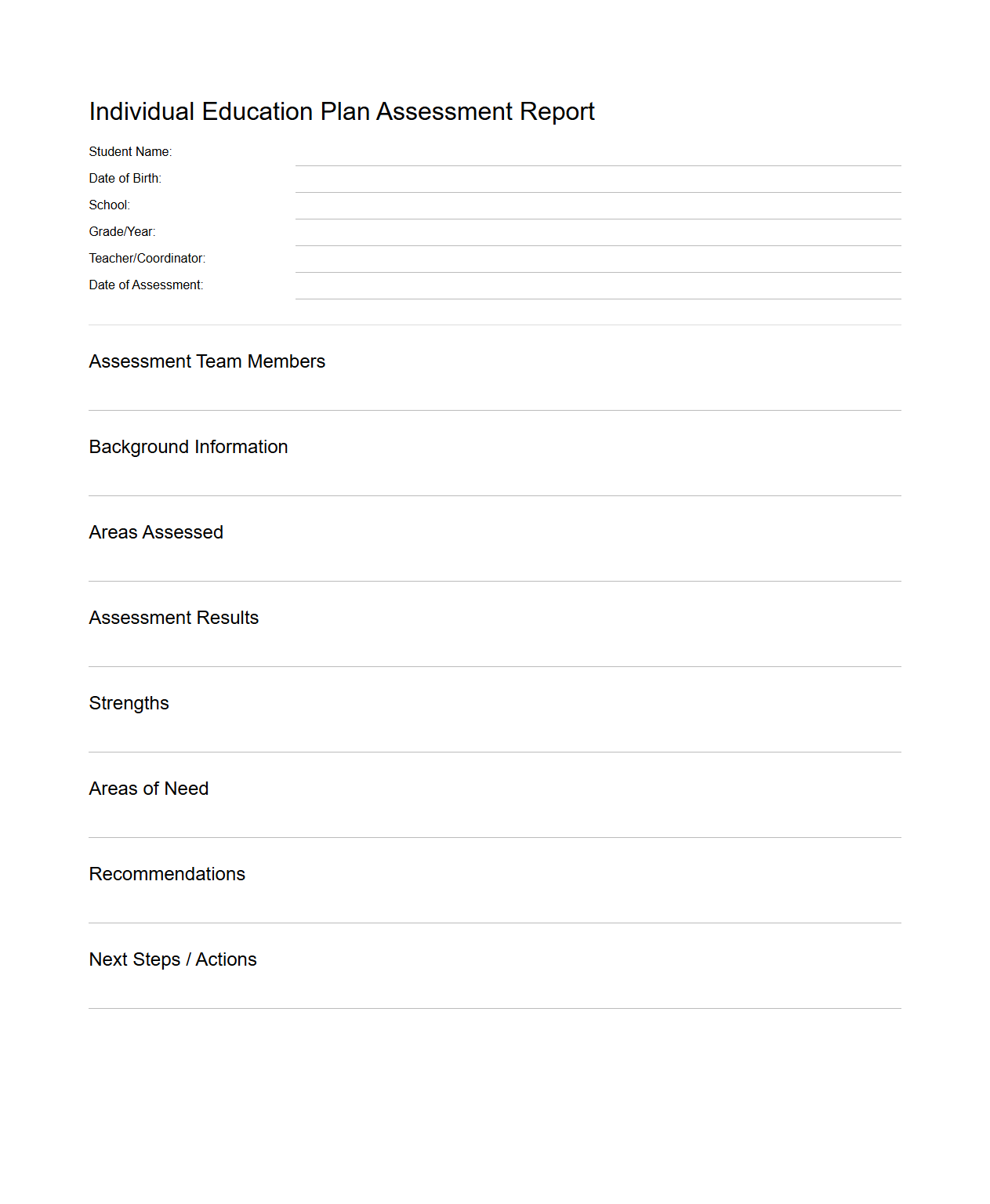 Blank Individual Education Plan Assessment Report Template