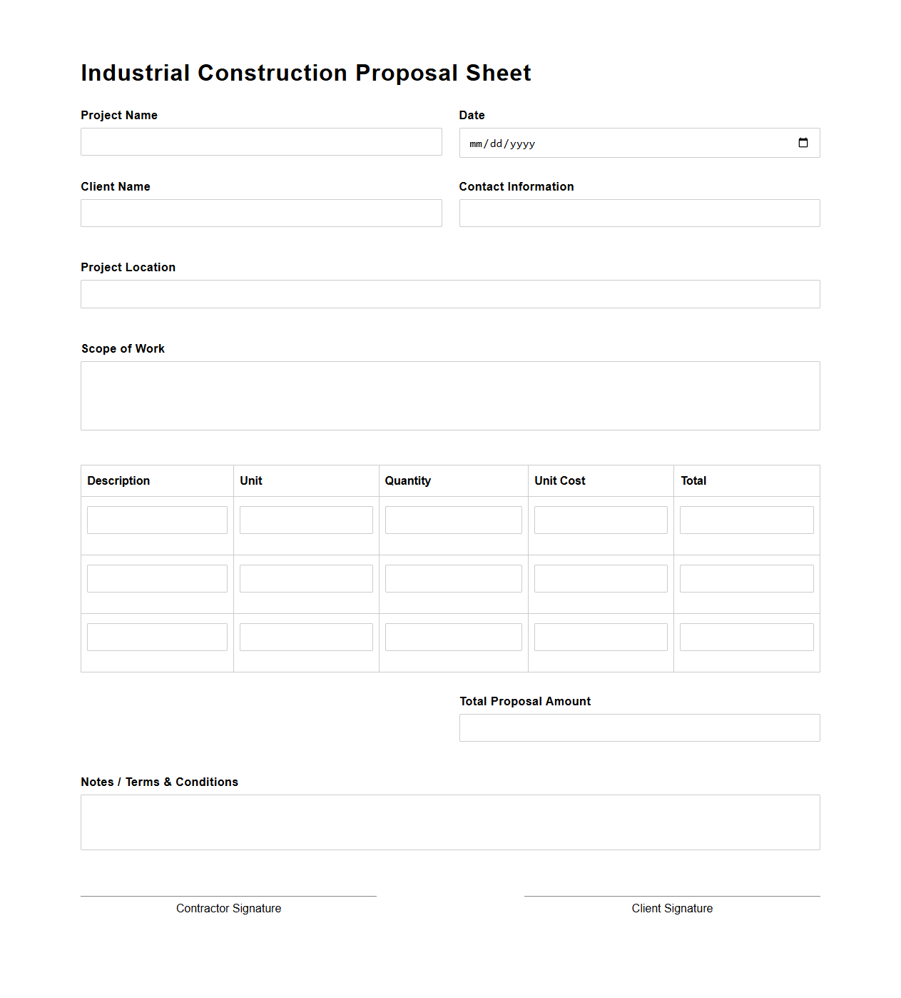 Blank Industrial Construction Proposal Sheet