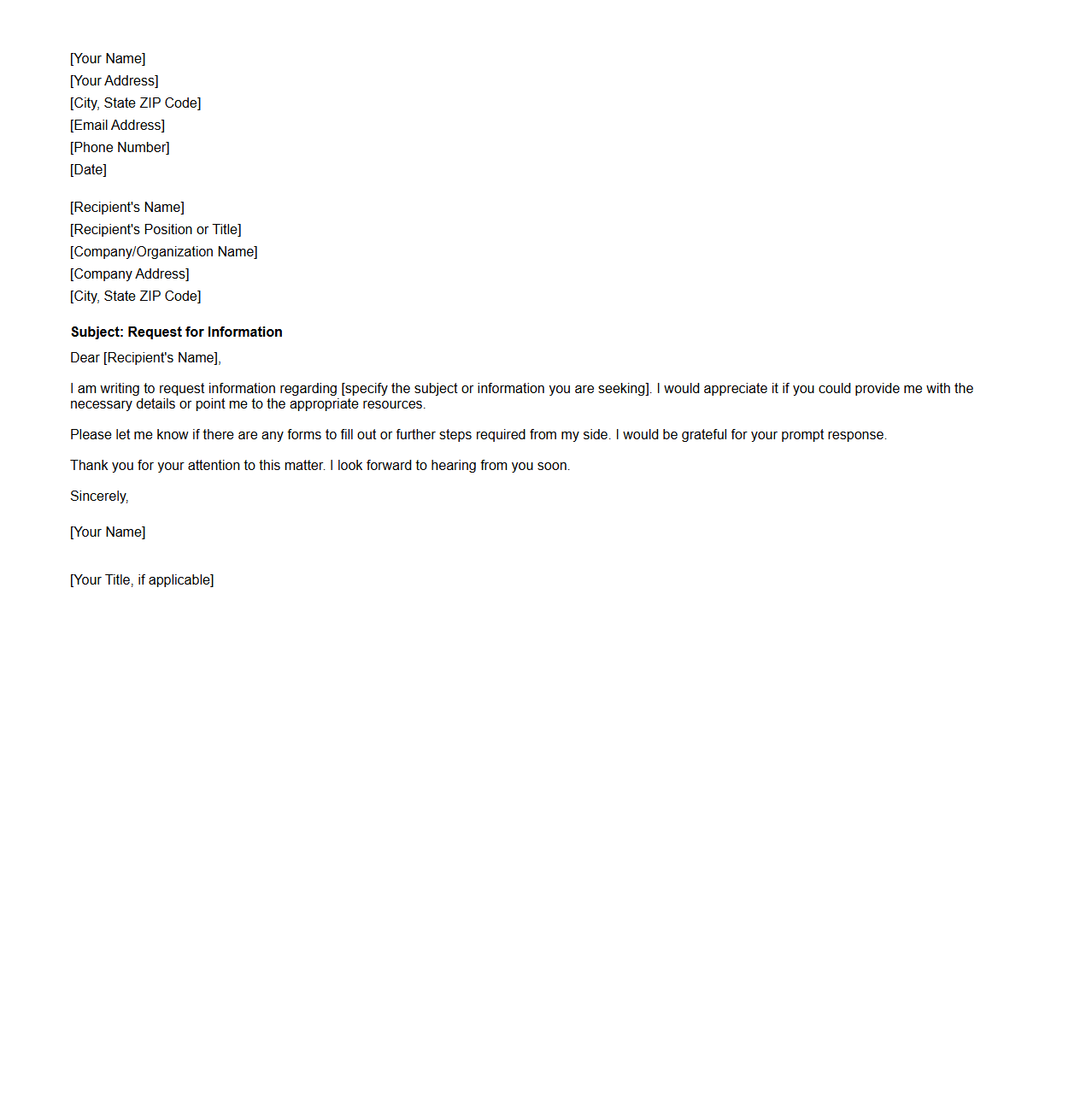 Blank Inquiry Letter Template for Requesting Information