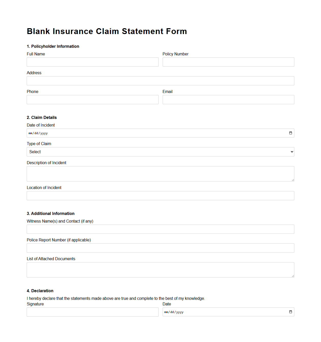 Blank Insurance Claim Statement Form