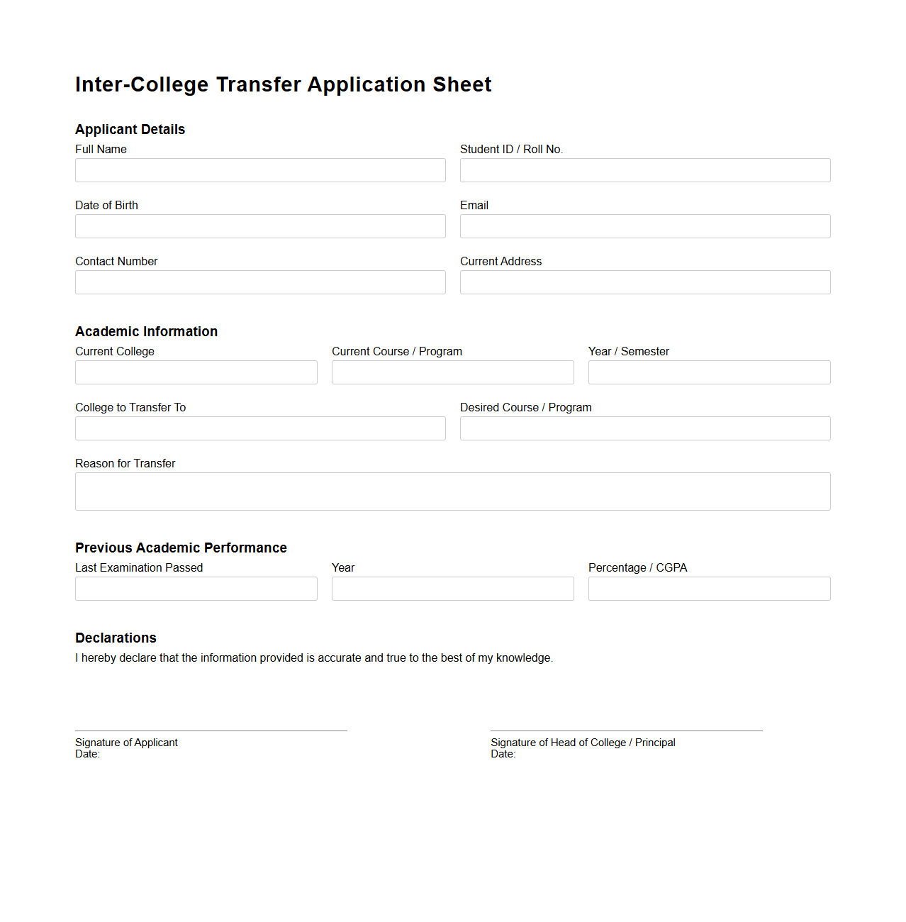 Blank Inter-College Transfer Application Sheet
