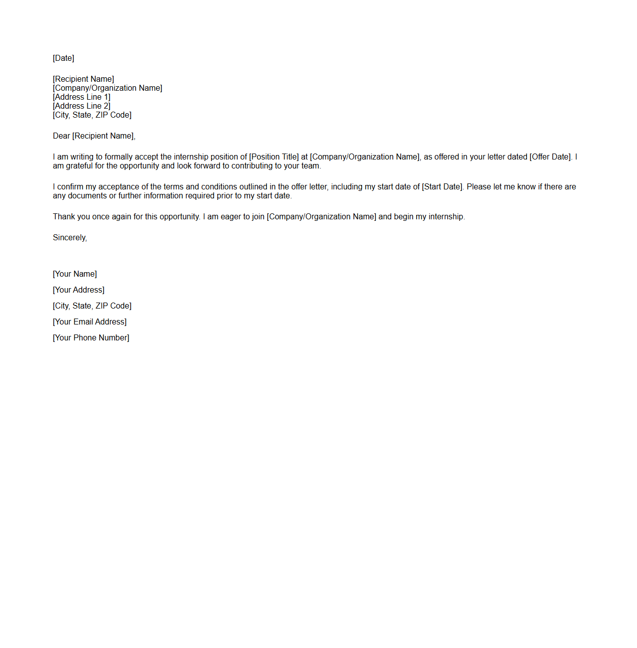 Blank Internship Acceptance Letter Template
