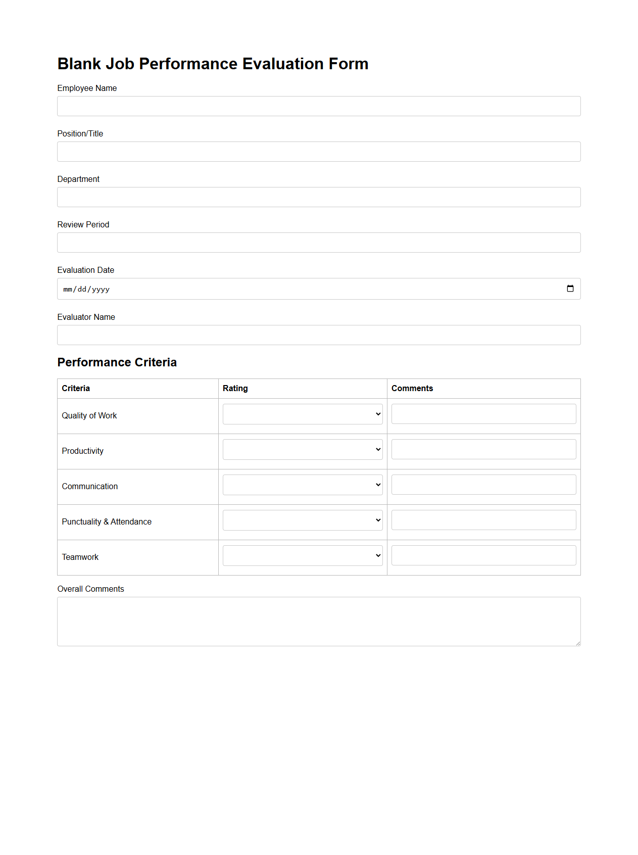 Blank Job Performance Evaluation Form Template