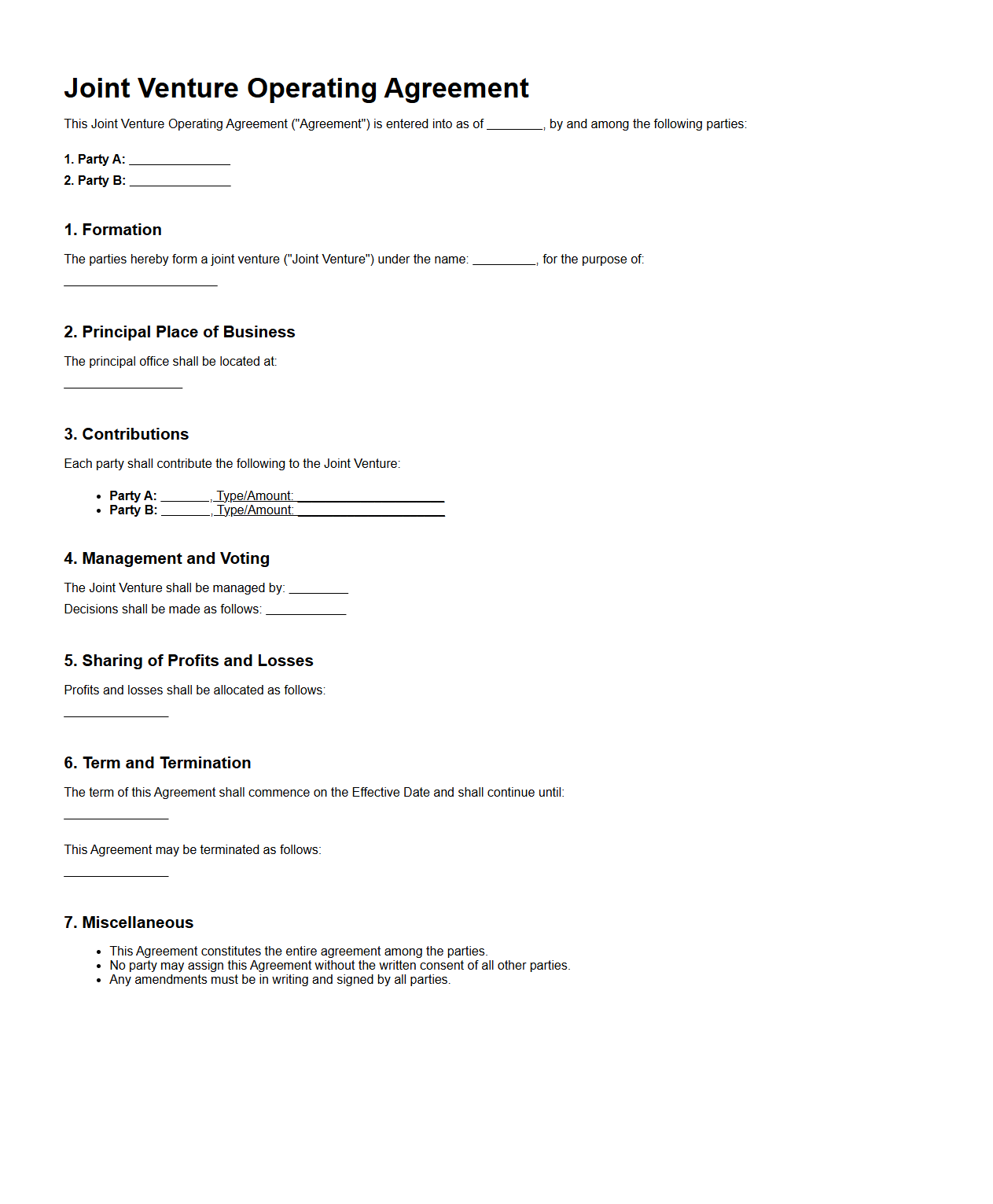 Blank Joint Venture Operating Agreement Template