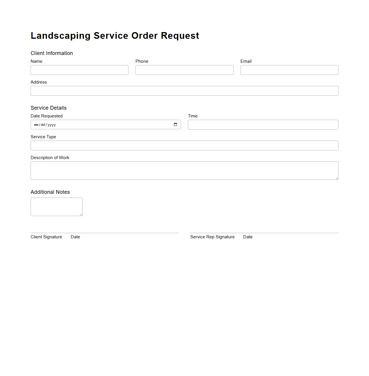 Blank Landscaping Service Order Request Template