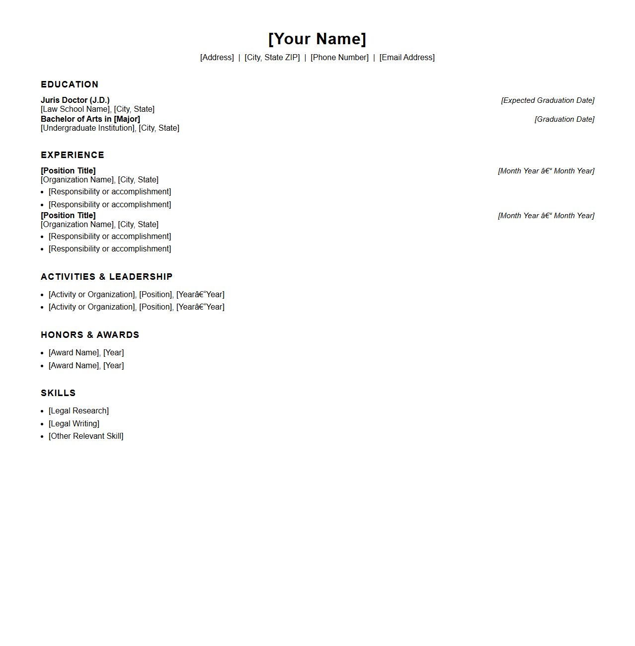 Blank Law Student Resume Sample