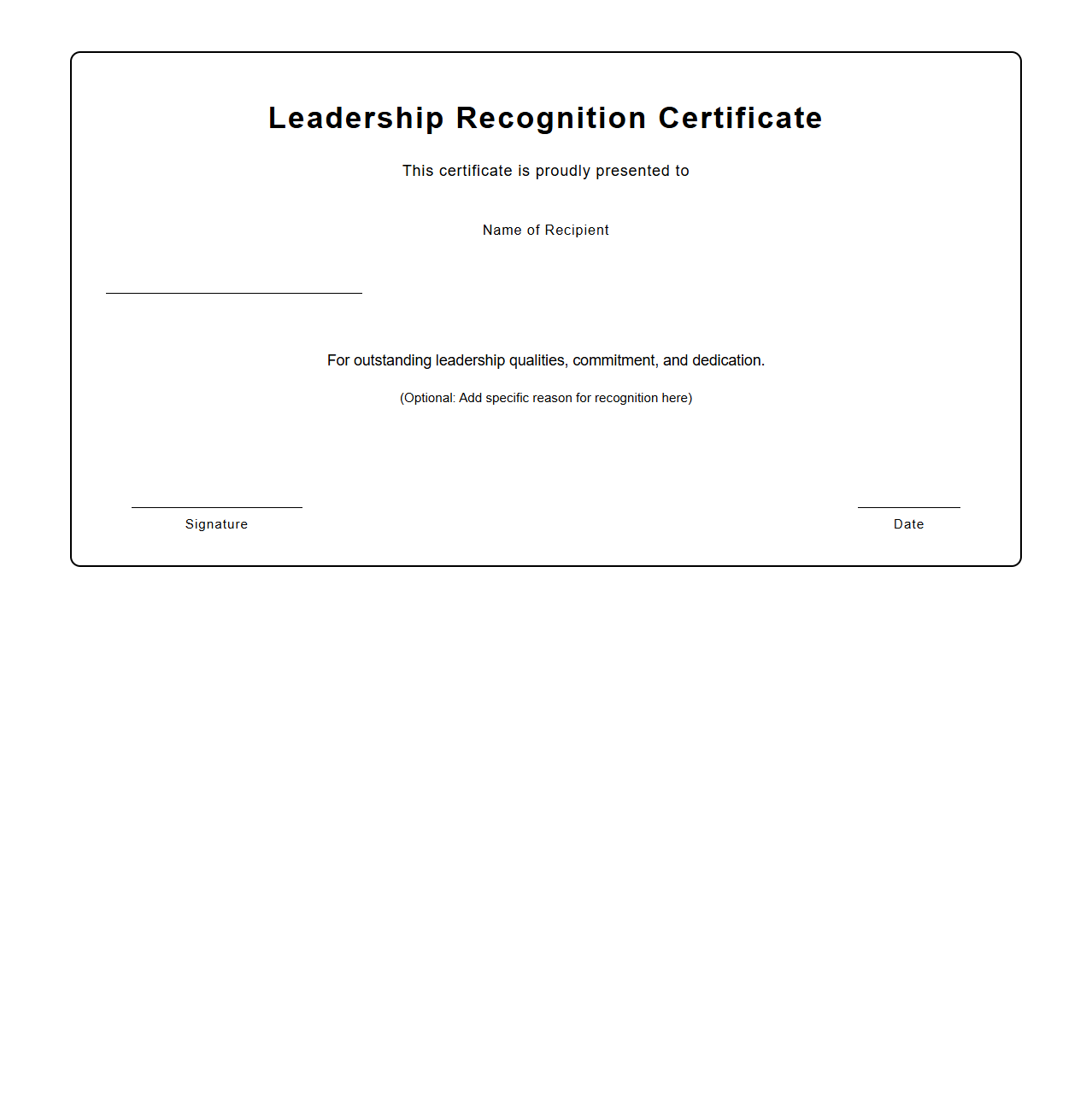 Blank Leadership Recognition Certificate Template