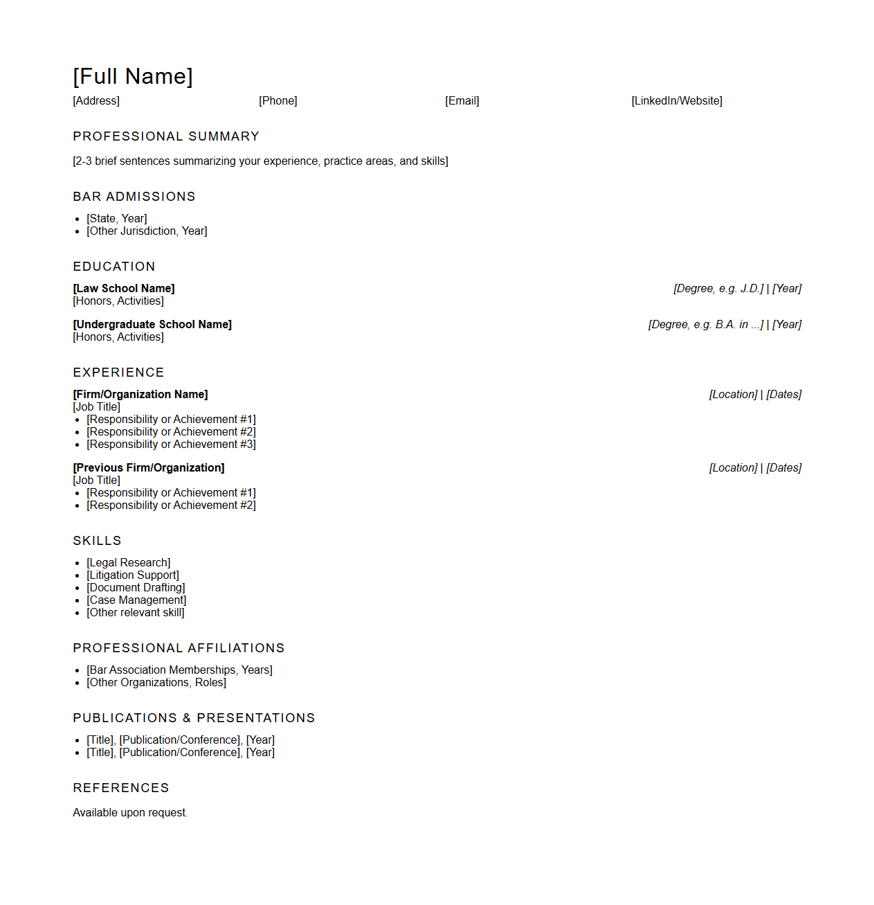 Blank Legal CV Template for Attorneys