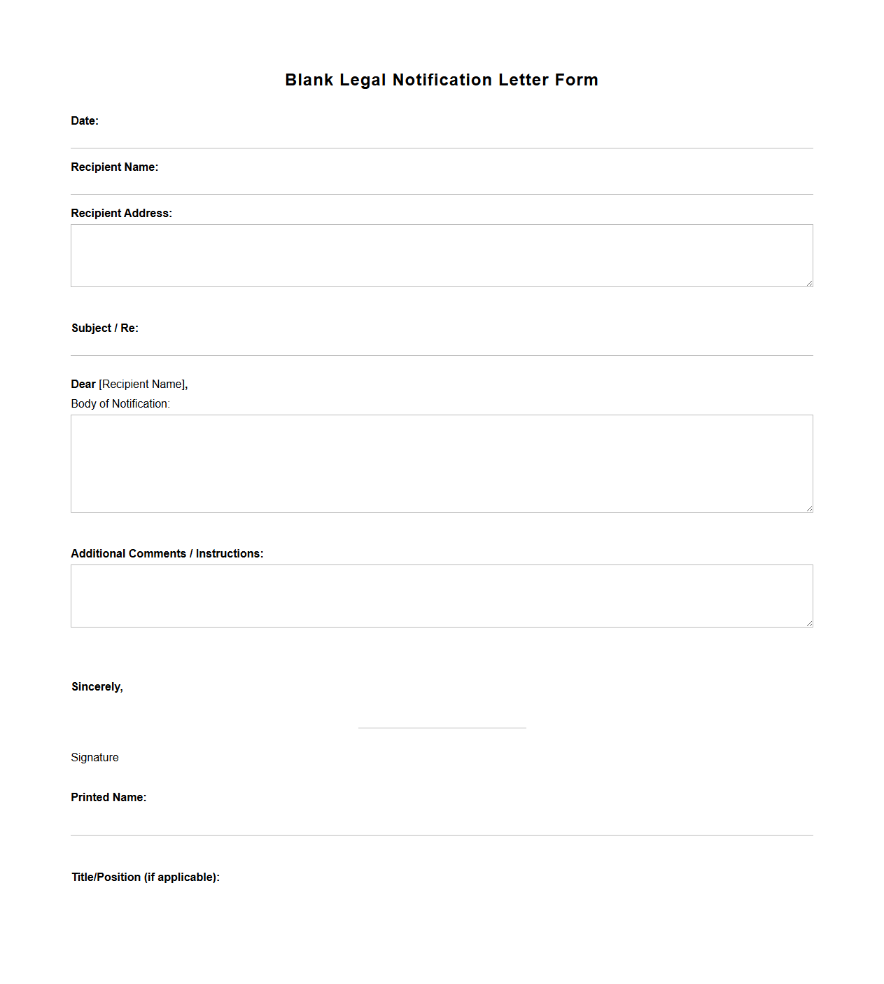 Blank Legal Notification Letter Form
