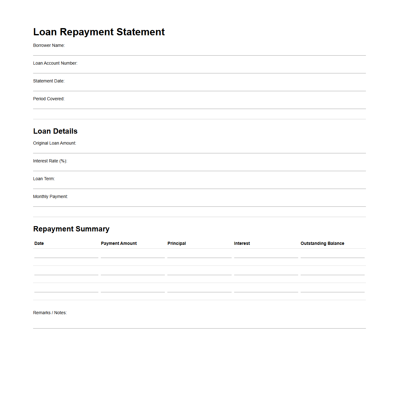 Blank Loan Repayment Statement Template