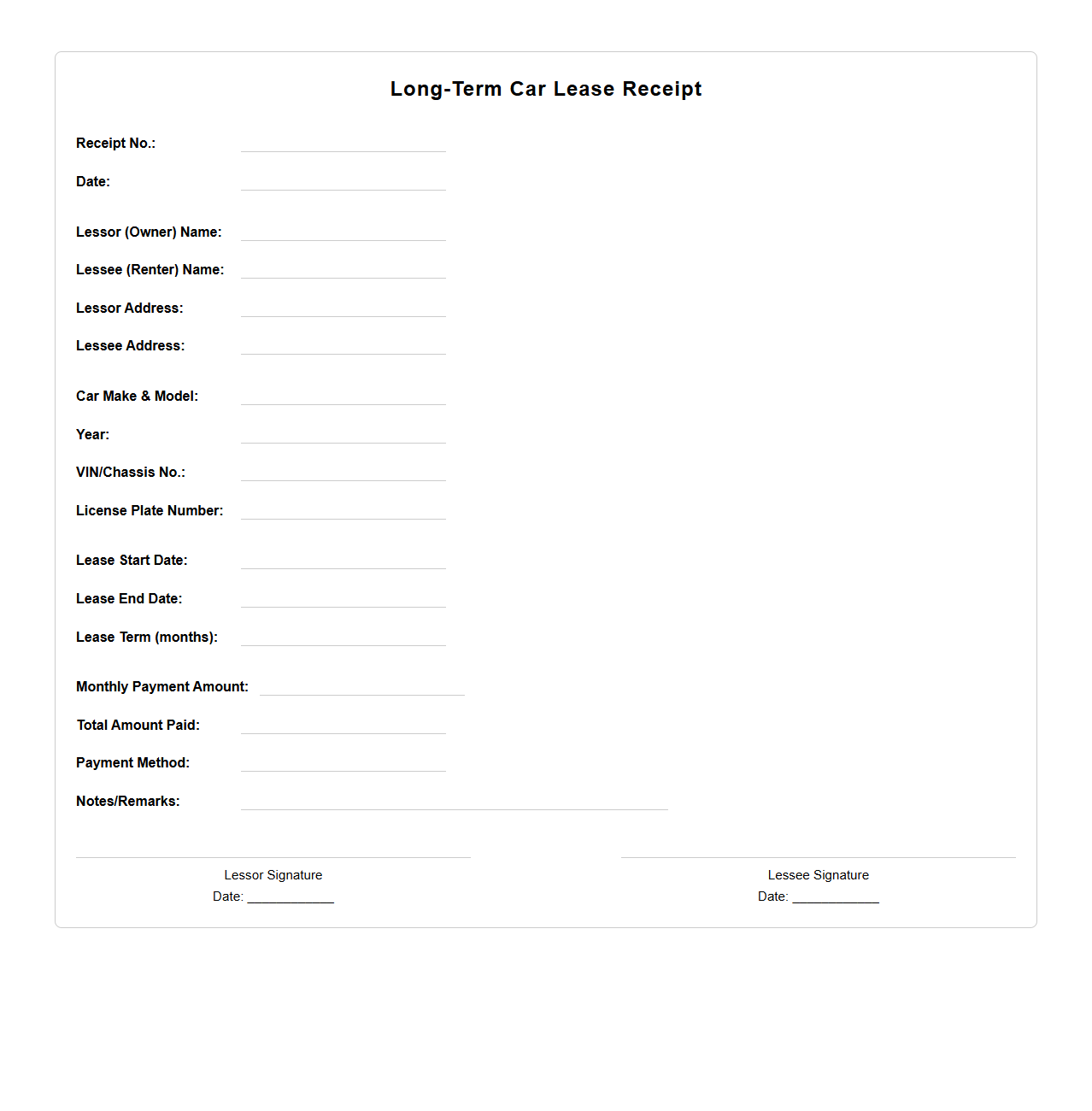 Blank Long-Term Car Lease Receipt Template