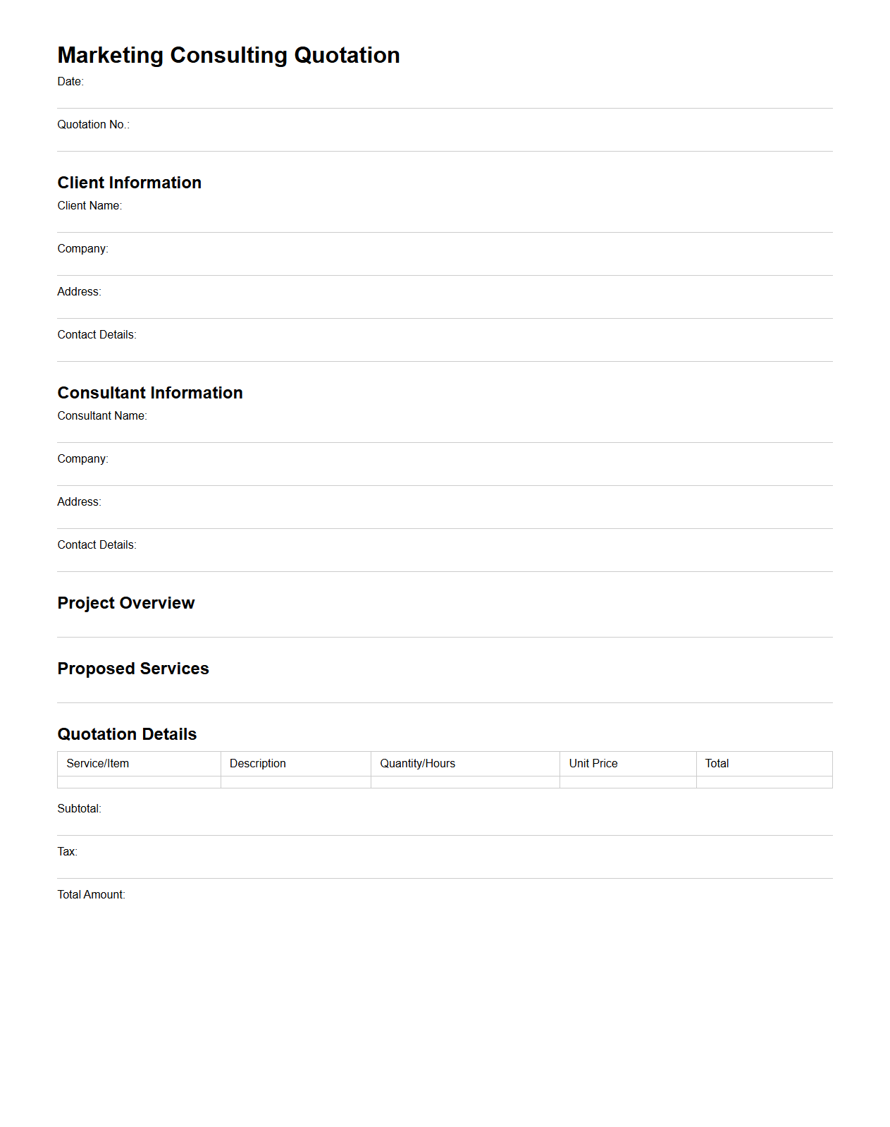 Blank Marketing Consulting Quotation Outline