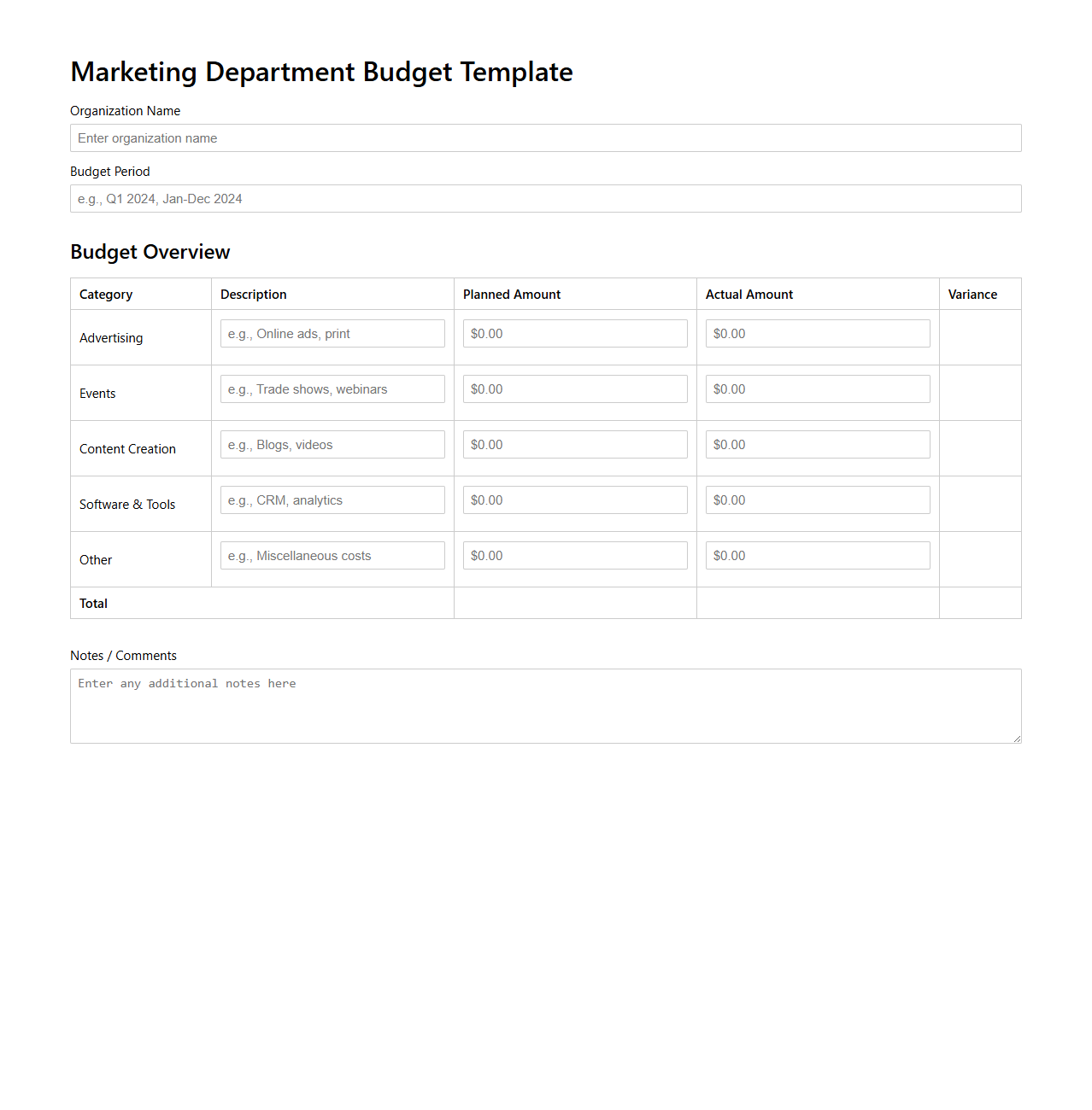 Blank Marketing Department Budget Template for Organizations