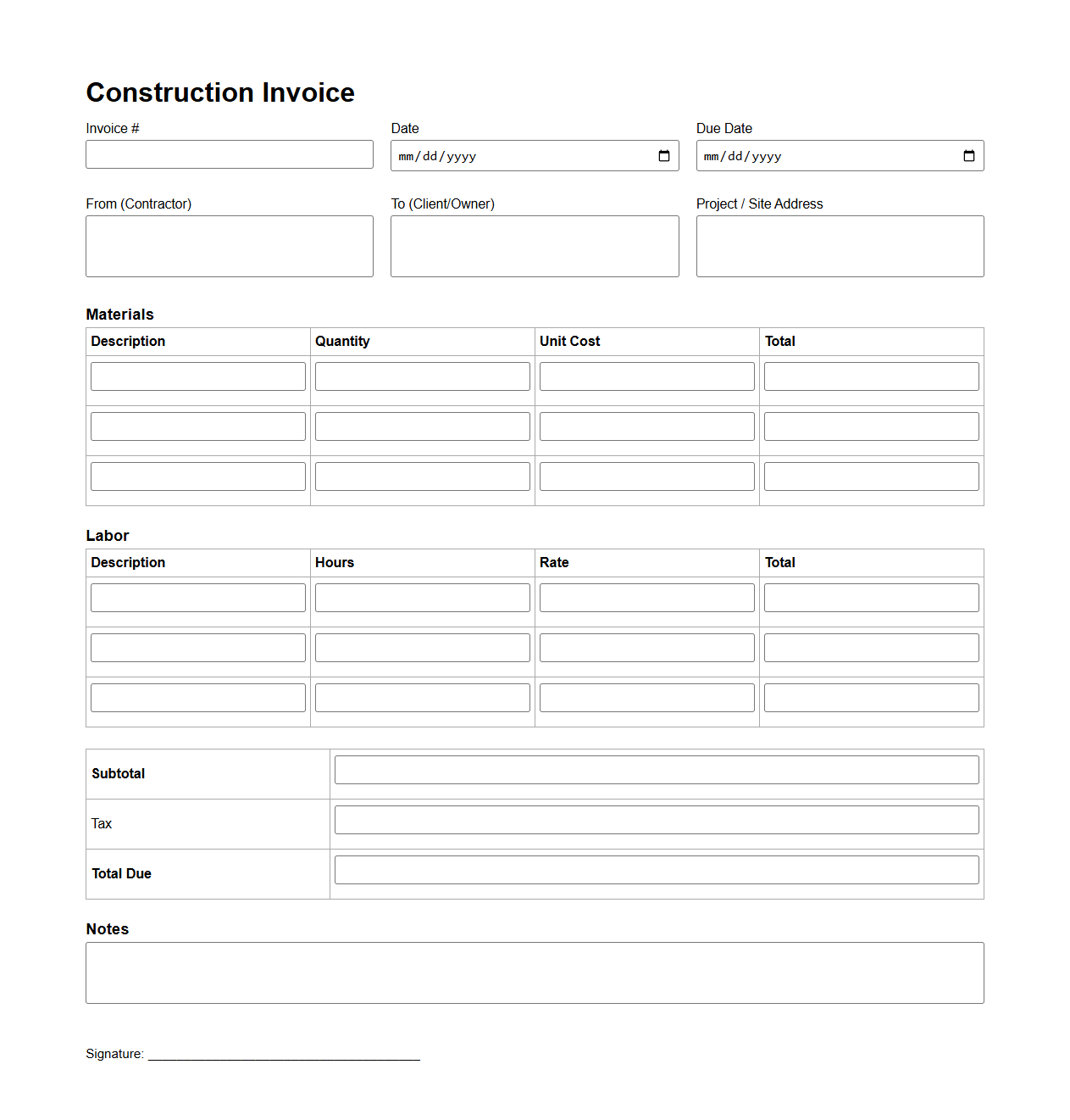 Blank Material and Labor Construction Invoice Template