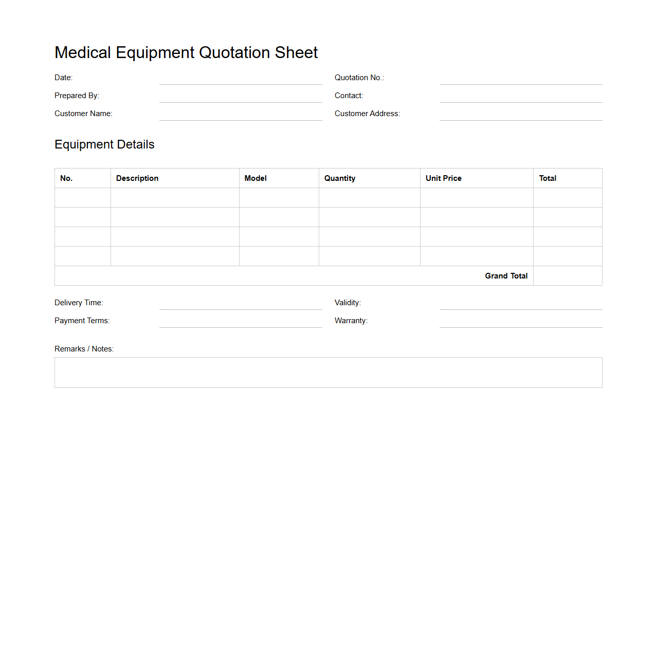 Blank Medical Equipment Quotation Sheet