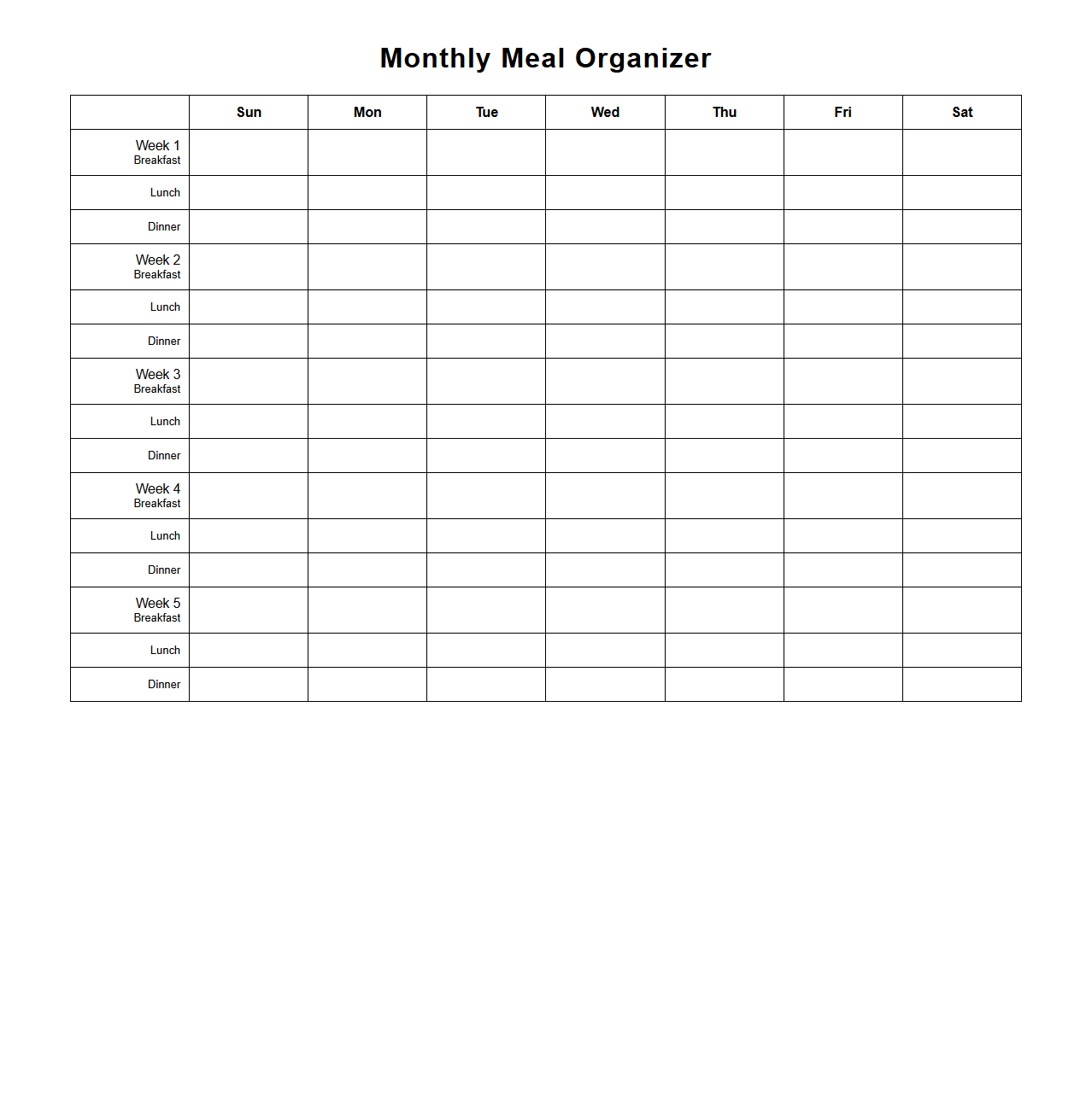 Blank Monthly Meal Organizer Sheet