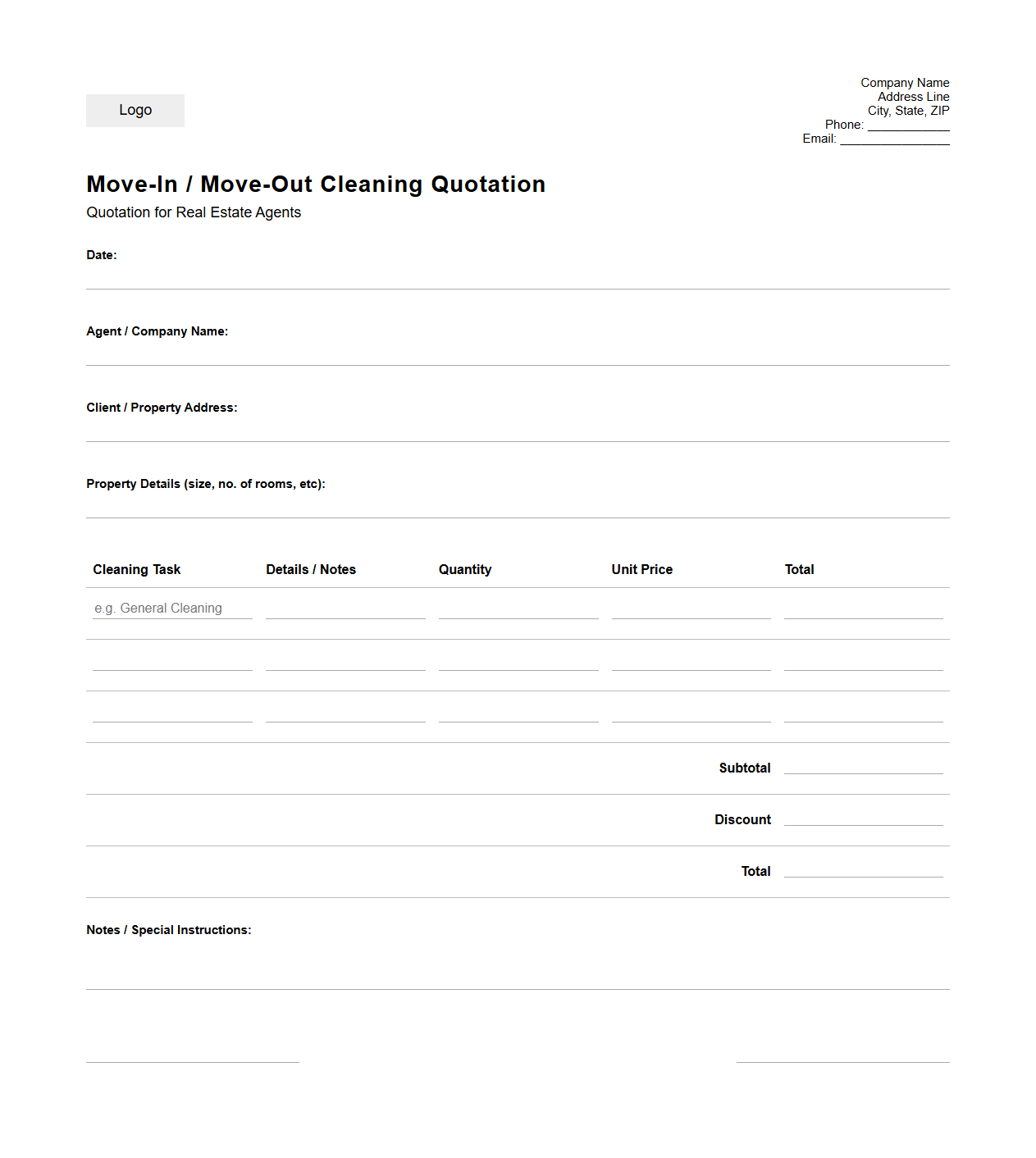 Blank Move-In/Move-Out Cleaning Quotation Template for Real Estate Agents
