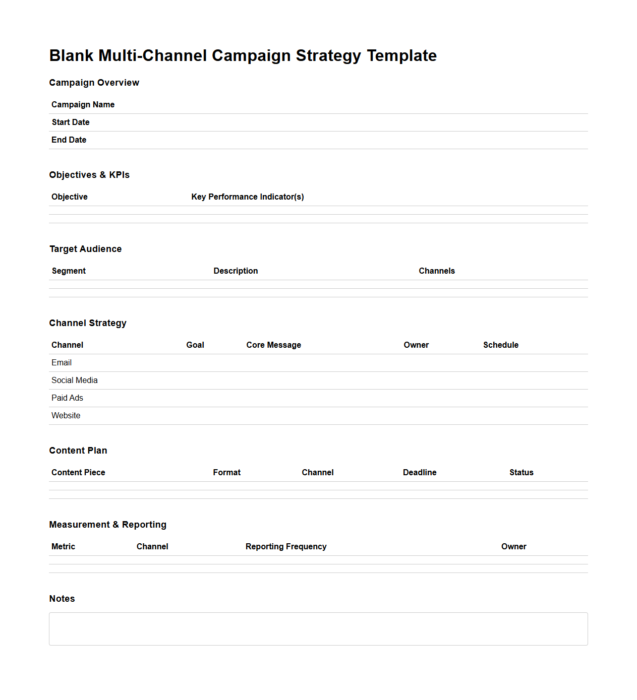 Blank Multi-Channel Campaign Strategy Template