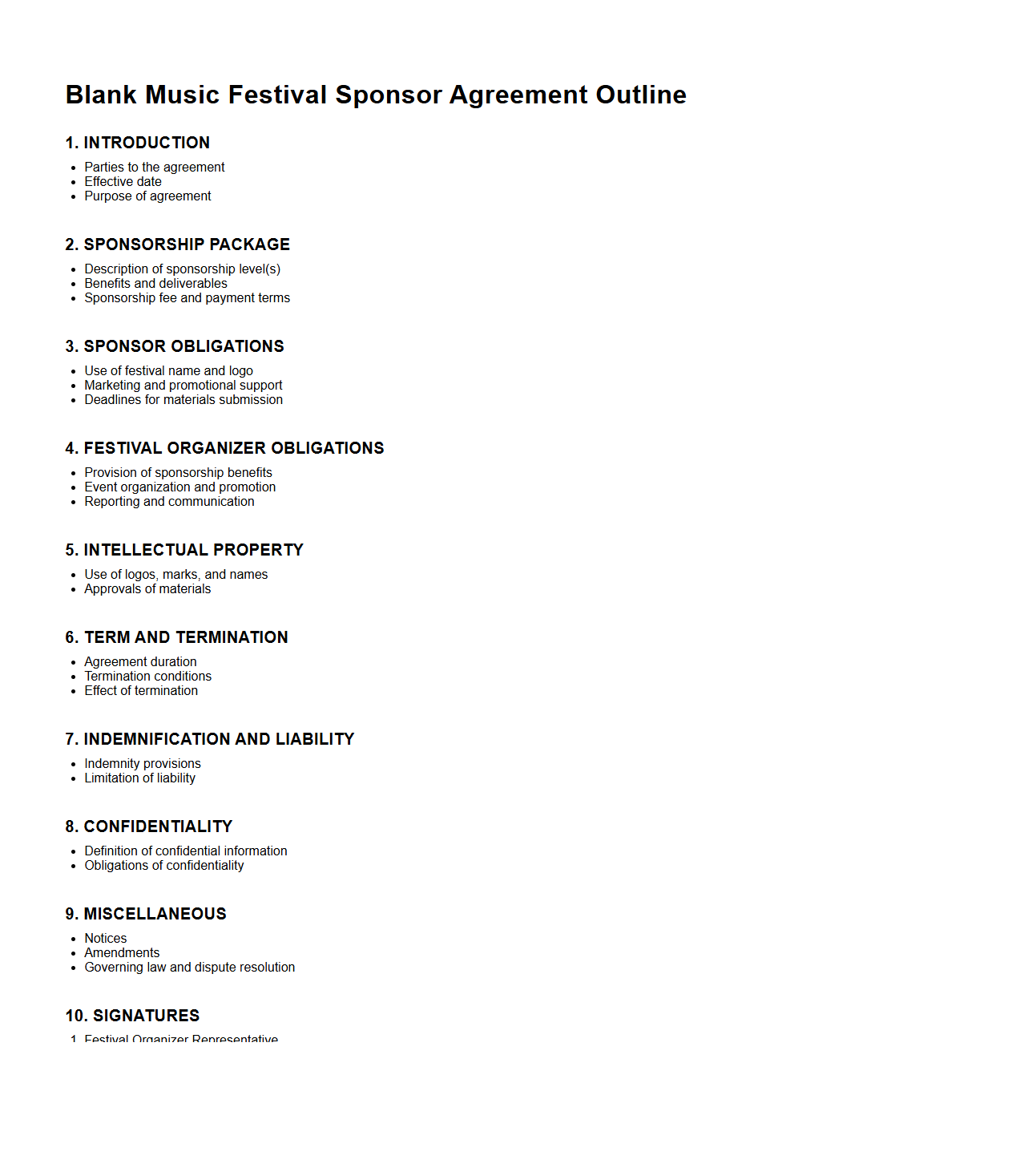 Blank Music Festival Sponsor Agreement Outline