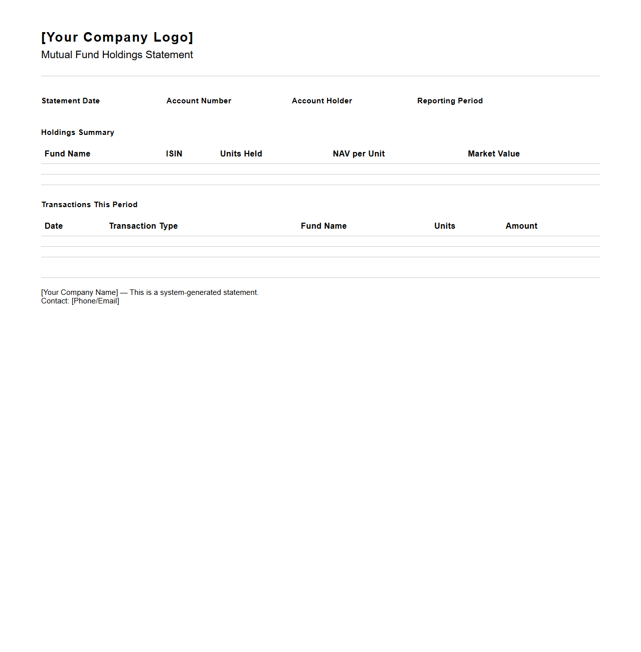 Blank Mutual Fund Holdings Statement Layout