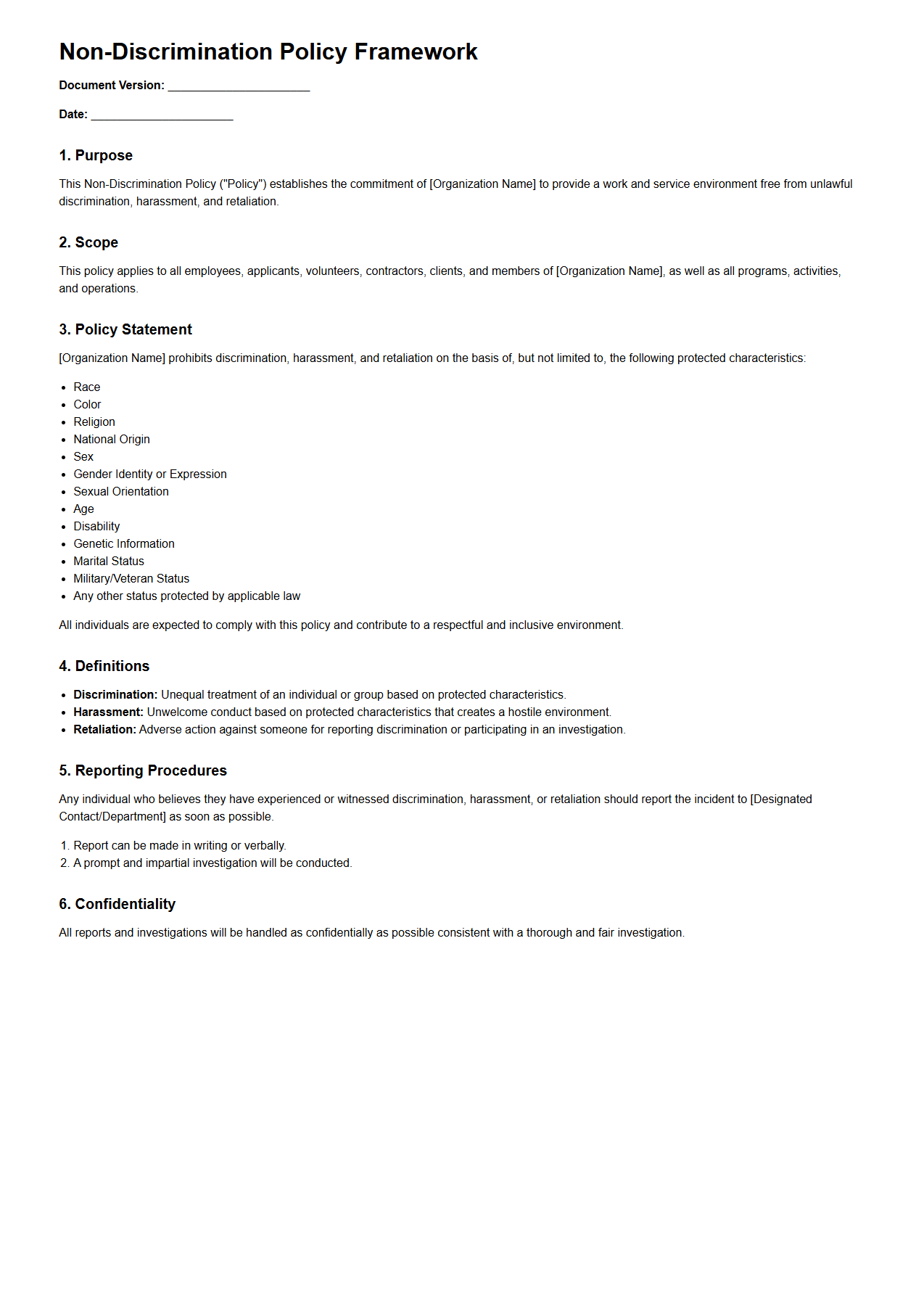 Blank Non-Discrimination Policy Framework Template