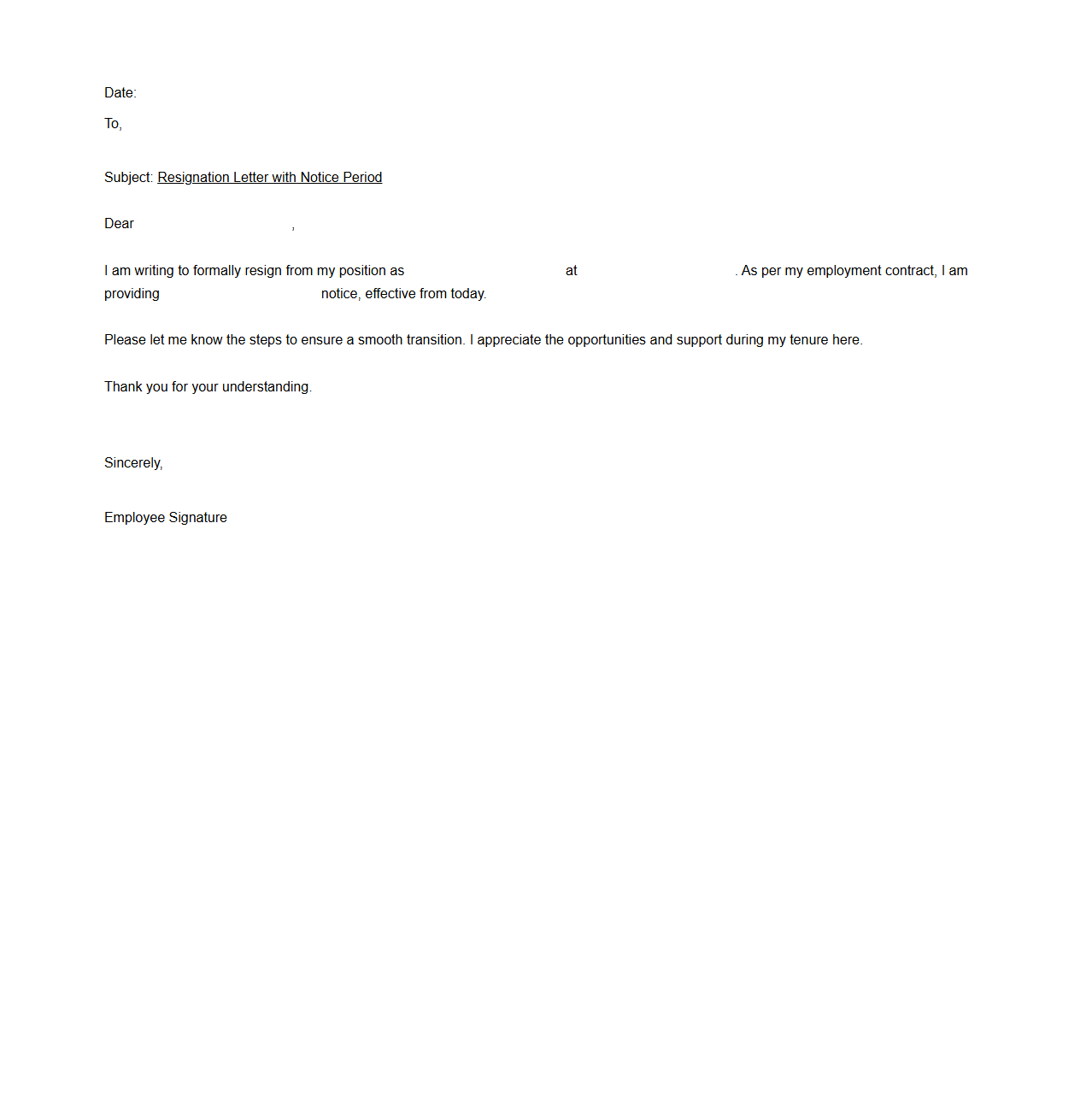 Blank Notice Period Resignation Letter Example