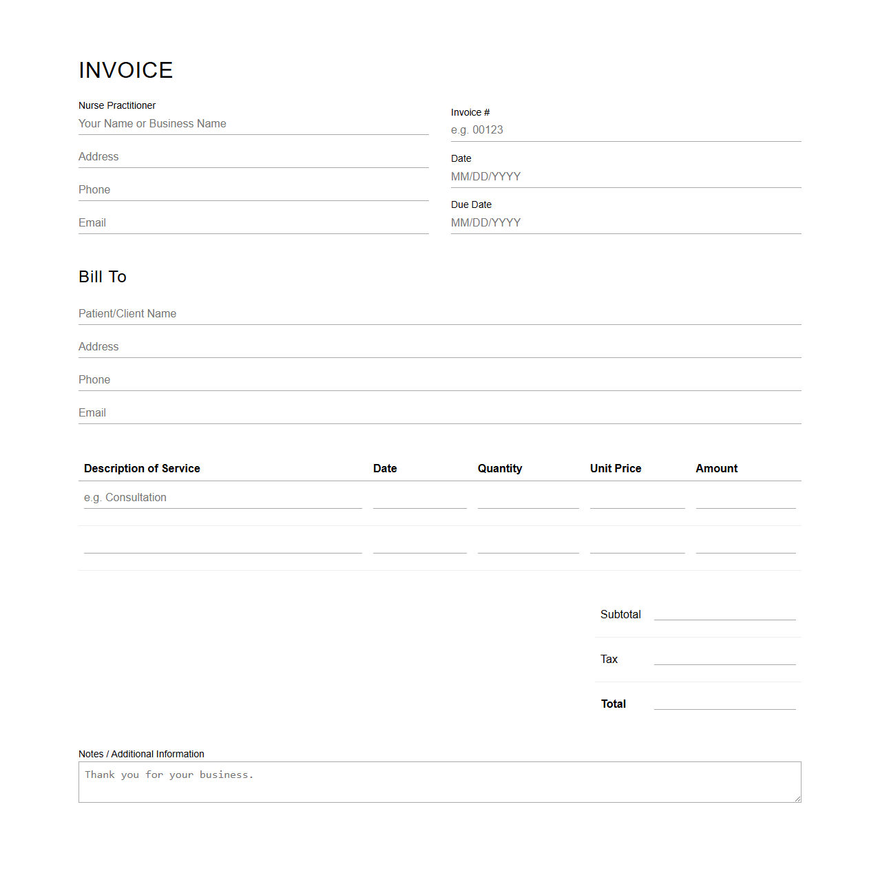 Blank Nurse Practitioner Invoice Template