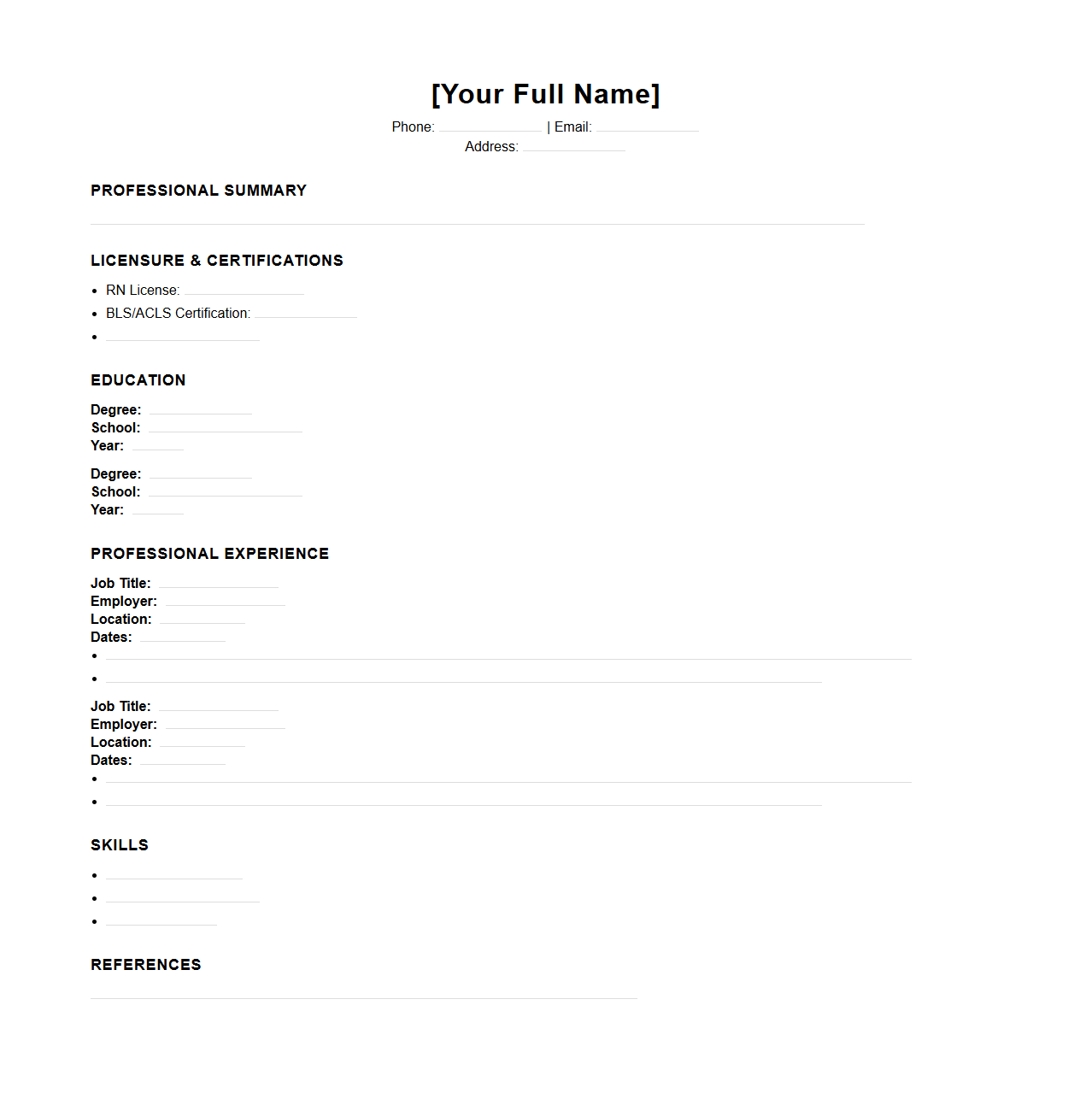 Blank Nurse Resume Template for Medical Careers