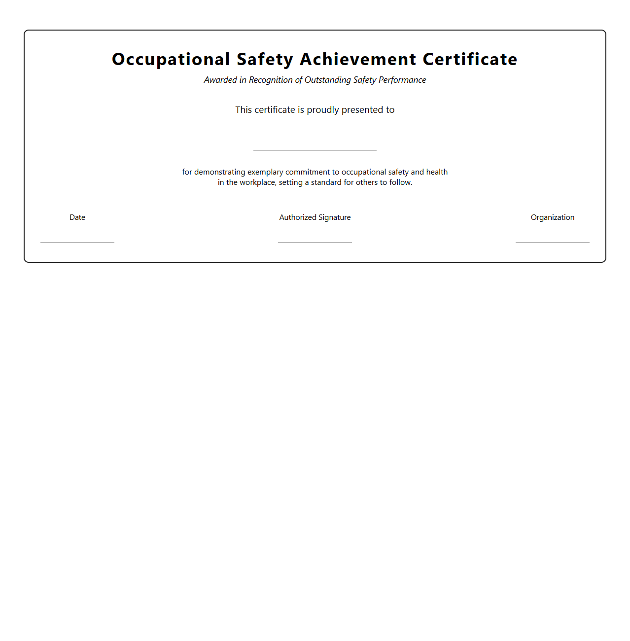 Blank Occupational Safety Achievement Certificate