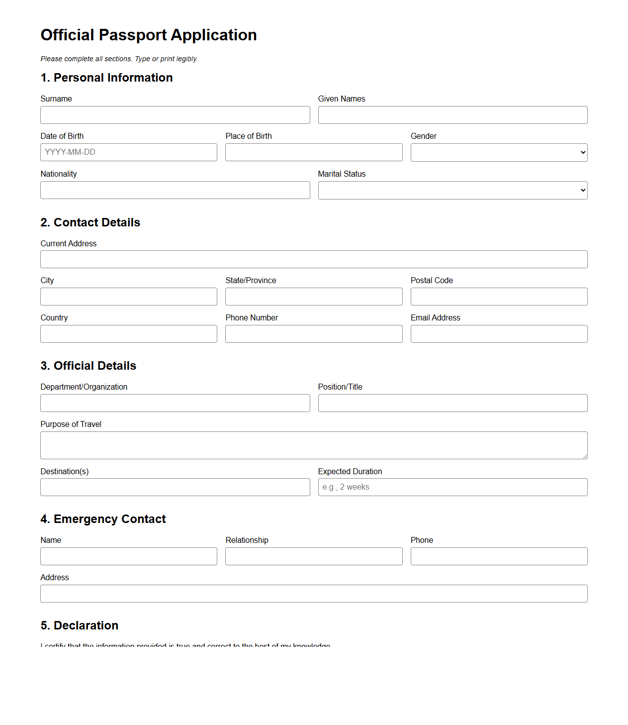 Blank Official Passport Application Template
