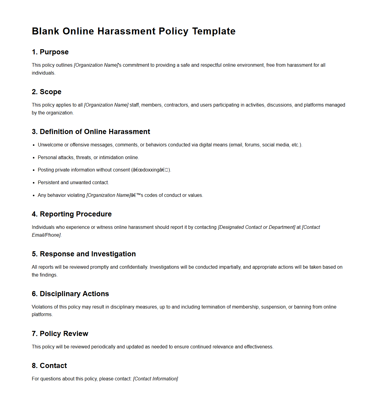 Blank Online Harassment Policy Template