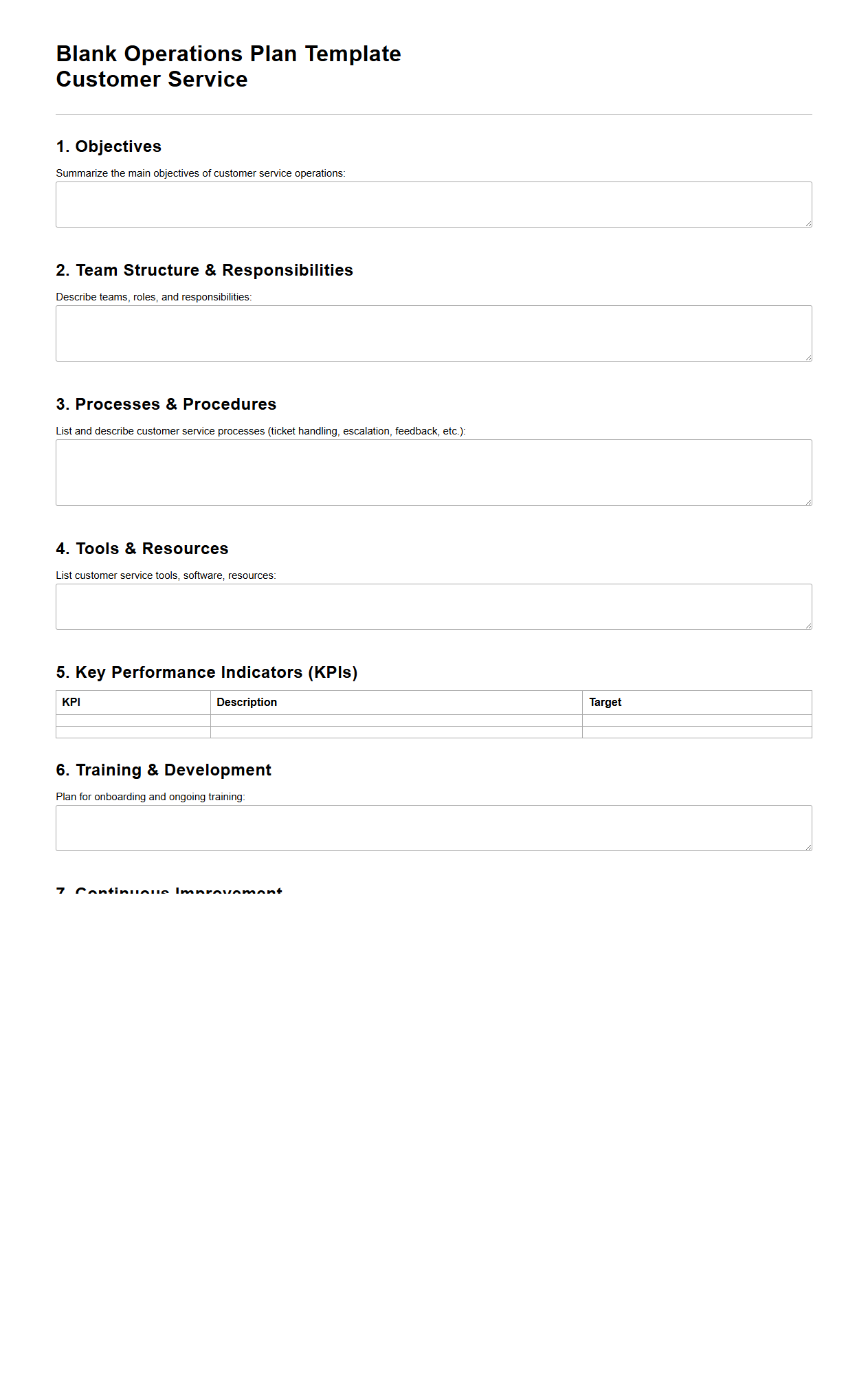 Blank Operations Plan Template for Customer Service