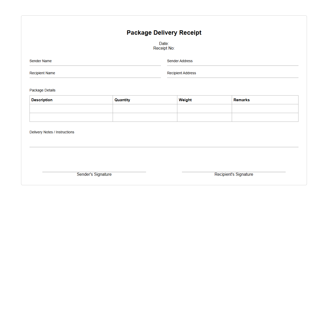 Blank Package Delivery Receipt Layout