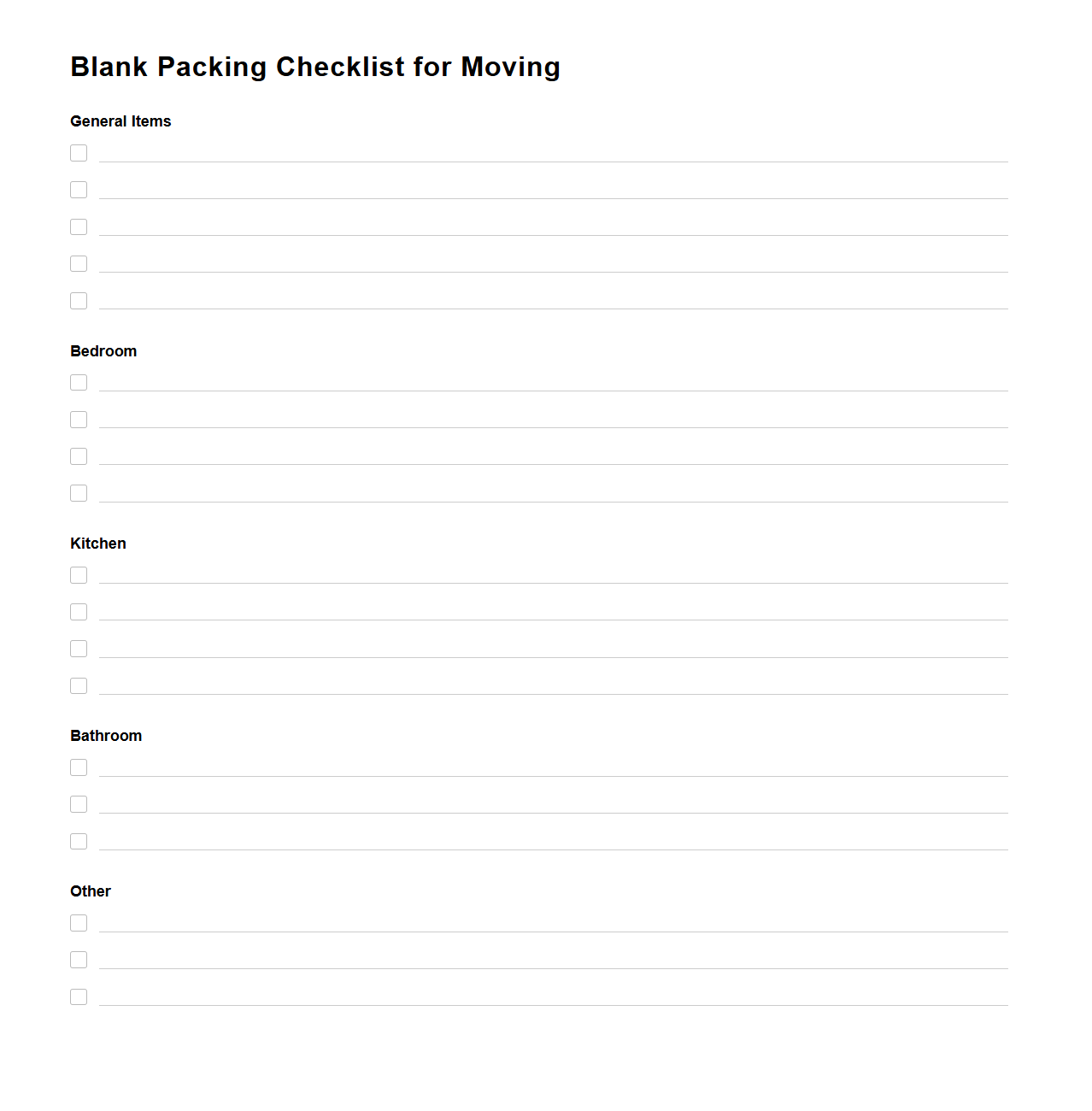 Blank Packing Checklist for Moving