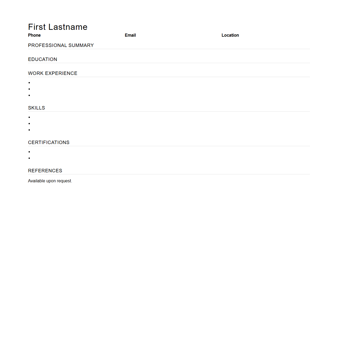 Blank Part-Time Resume Template for Hospitality Roles