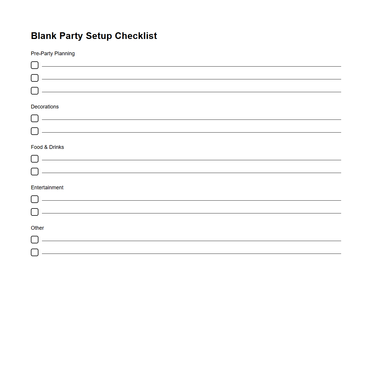 Blank Party Setup Checklist