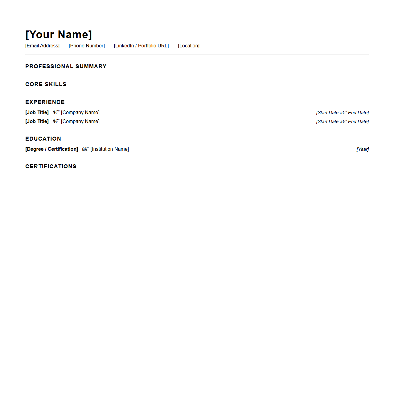 Blank Performance Marketing Resume Template for PPC Experts