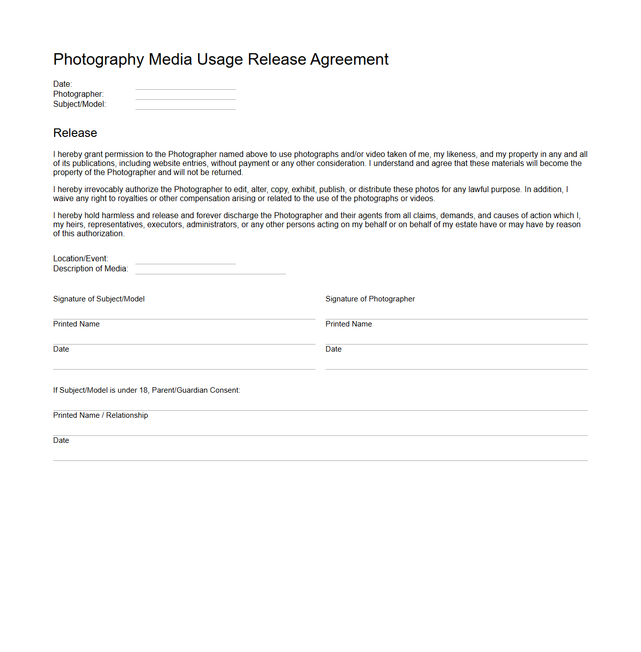Blank Photography Media Usage Release Agreement
