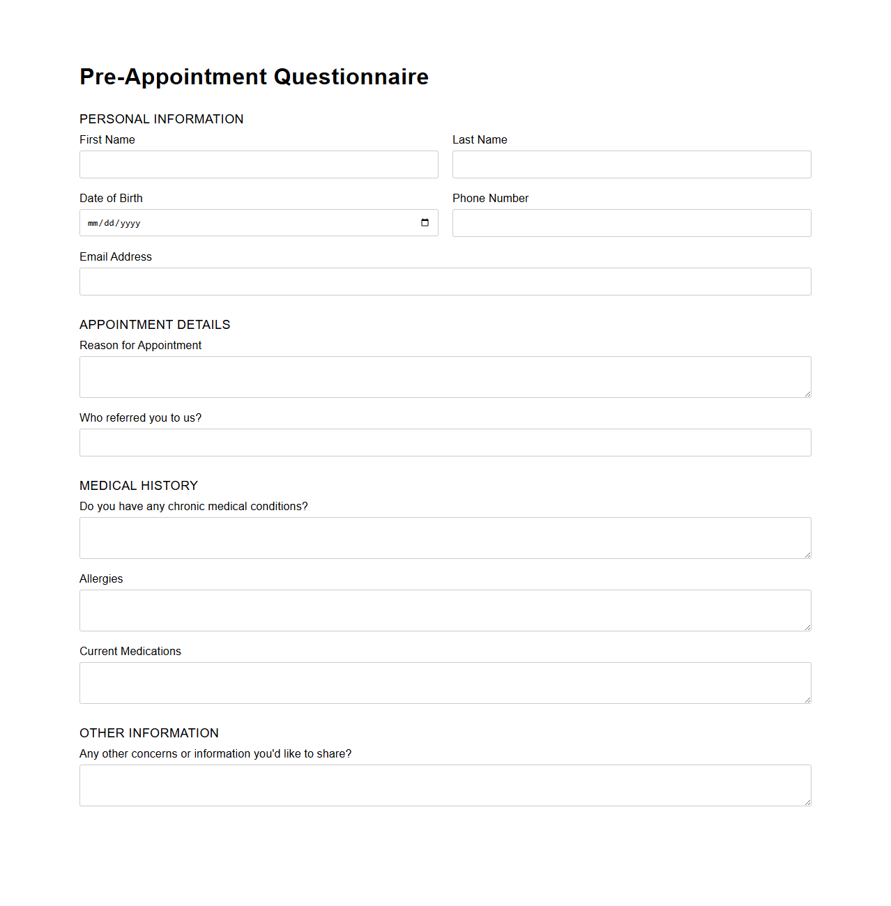 Blank Pre-Appointment Questionnaire Template for Healthcare Practices