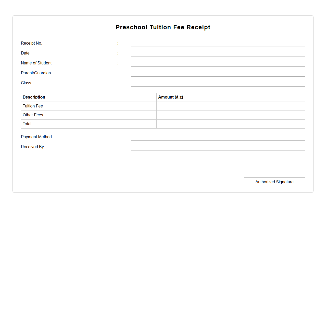 Blank Preschool Tuition Fee Receipt Template
