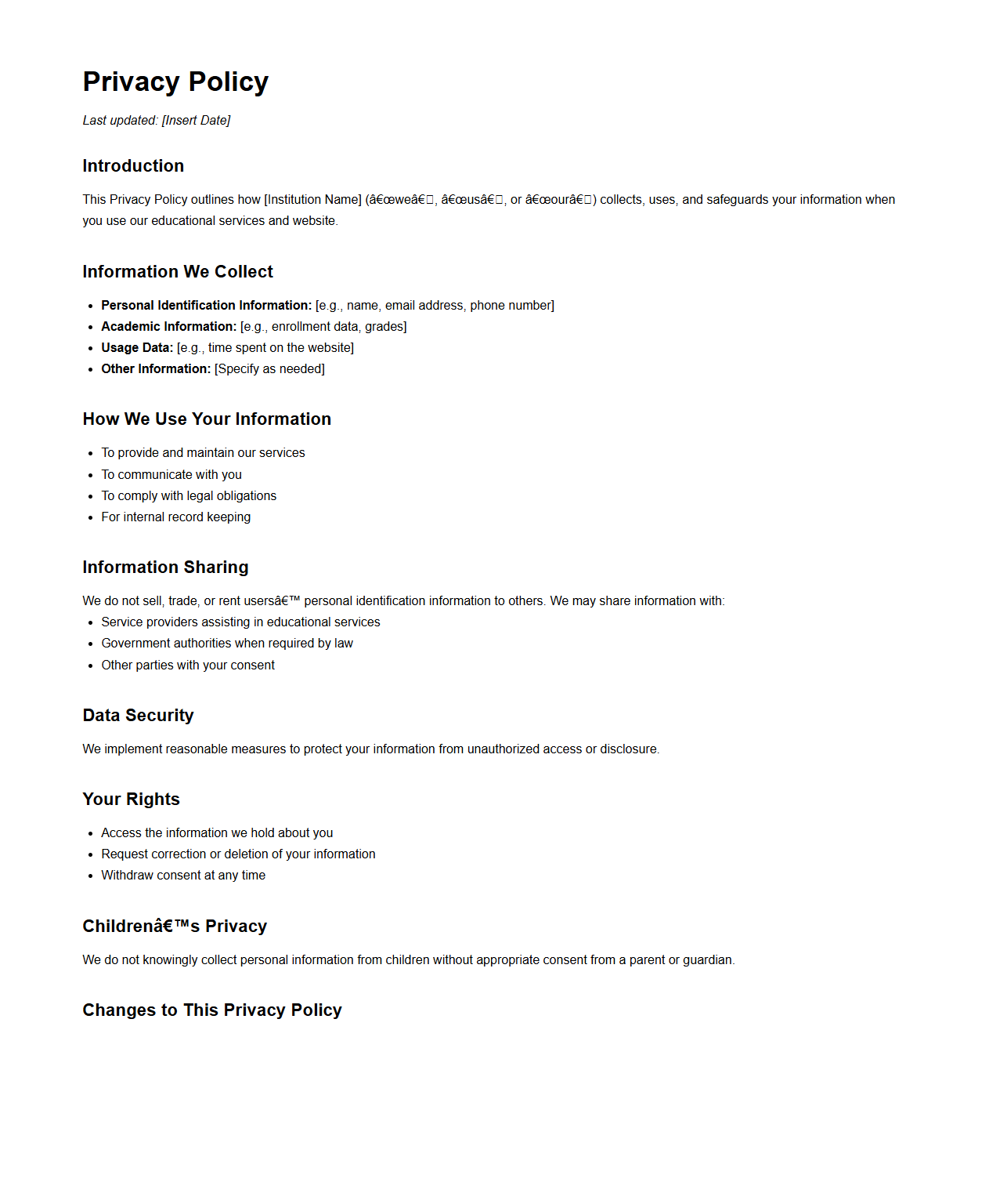 Blank Privacy Policy Template for Educational Institutions