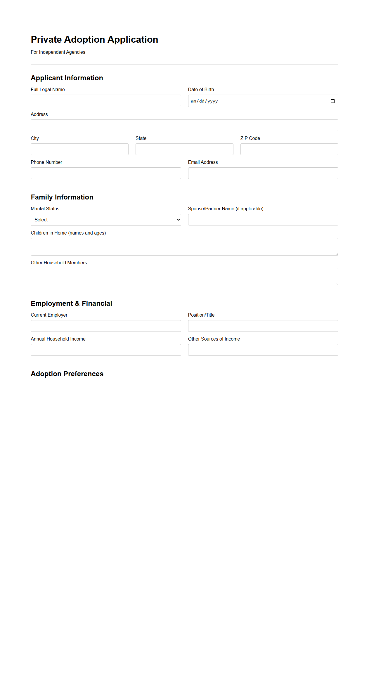 Blank Private Adoption Application Template for Independent Agencies