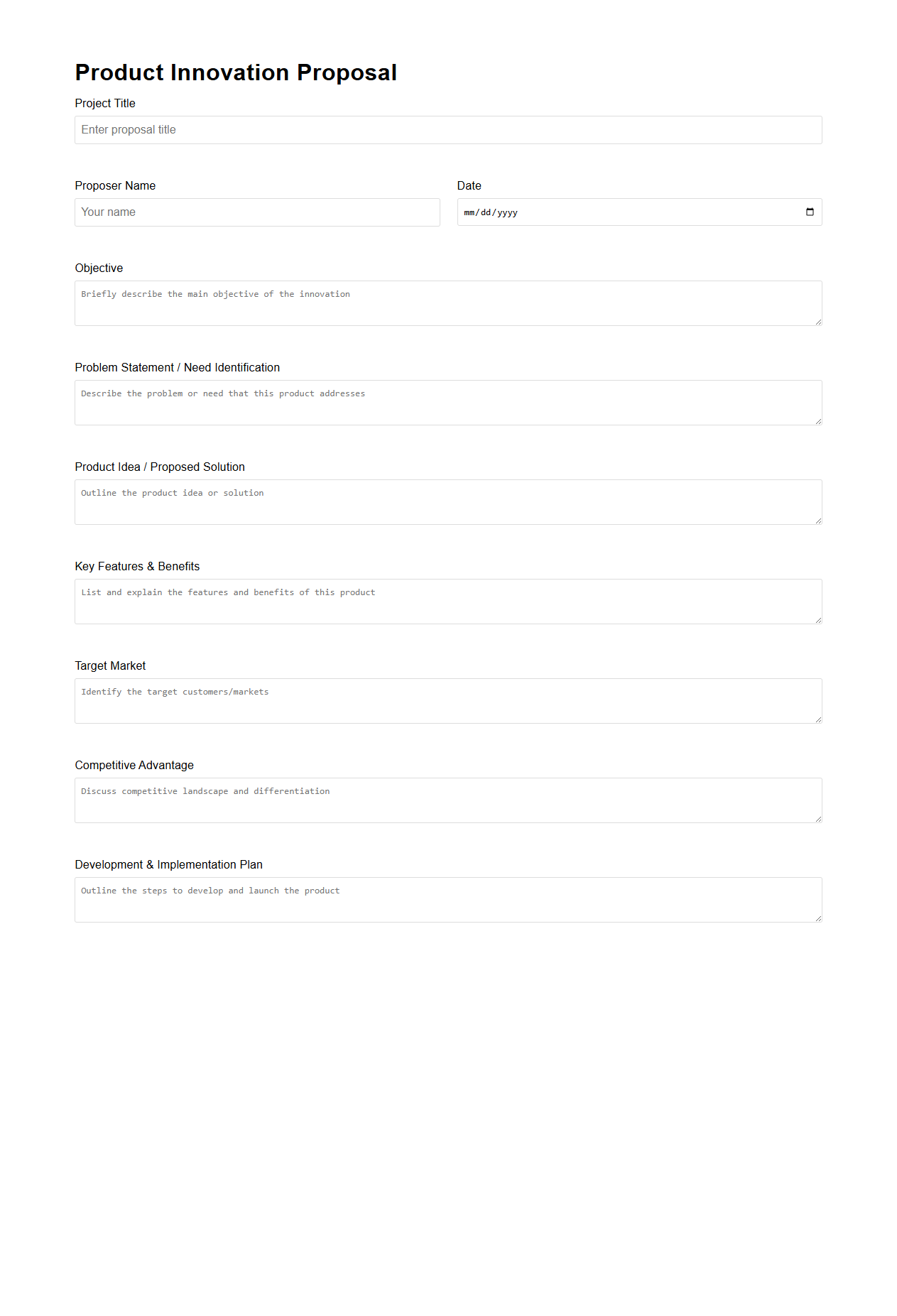 Blank Product Innovation Proposal Template