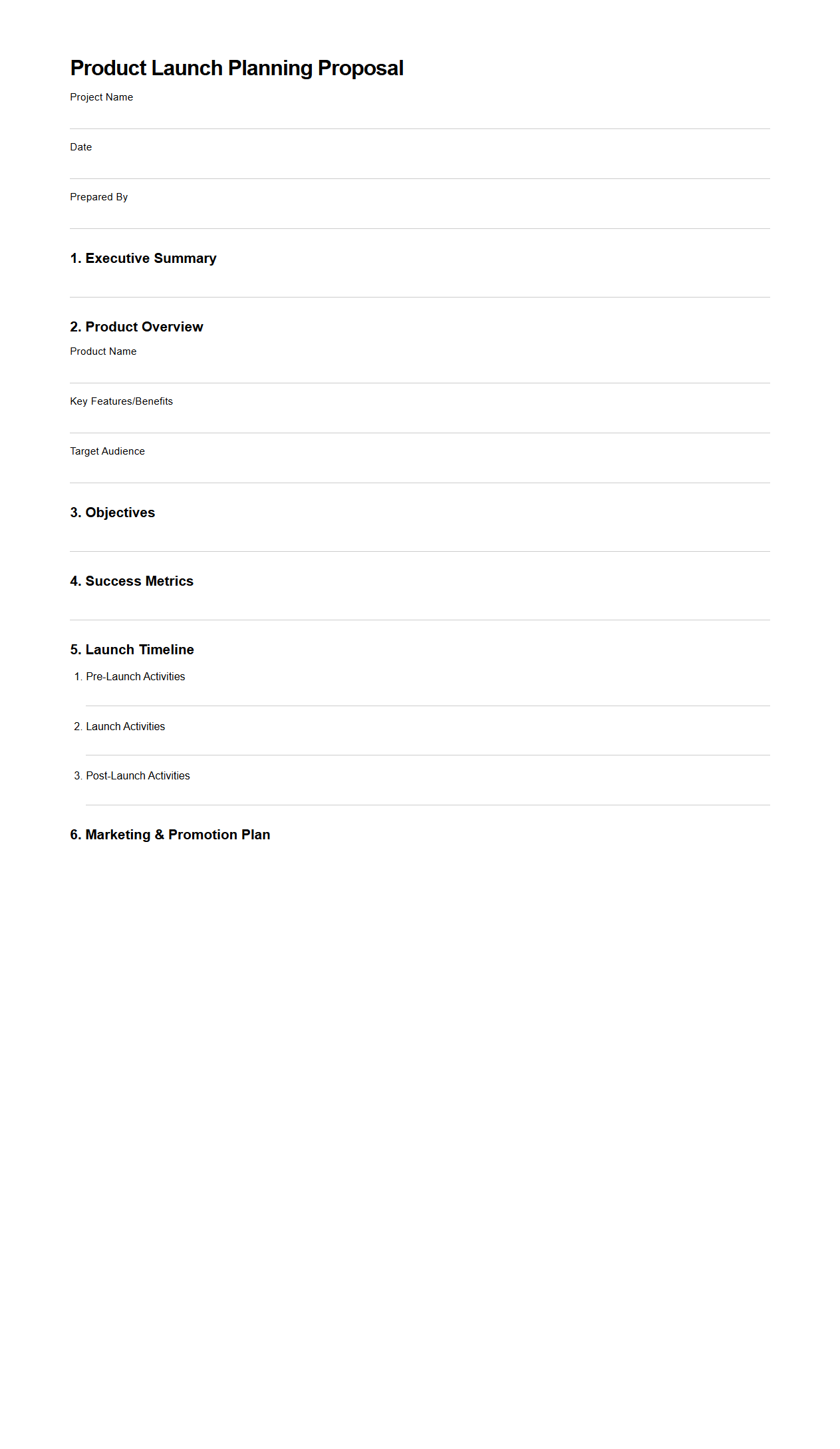Blank Product Launch Planning Proposal Document