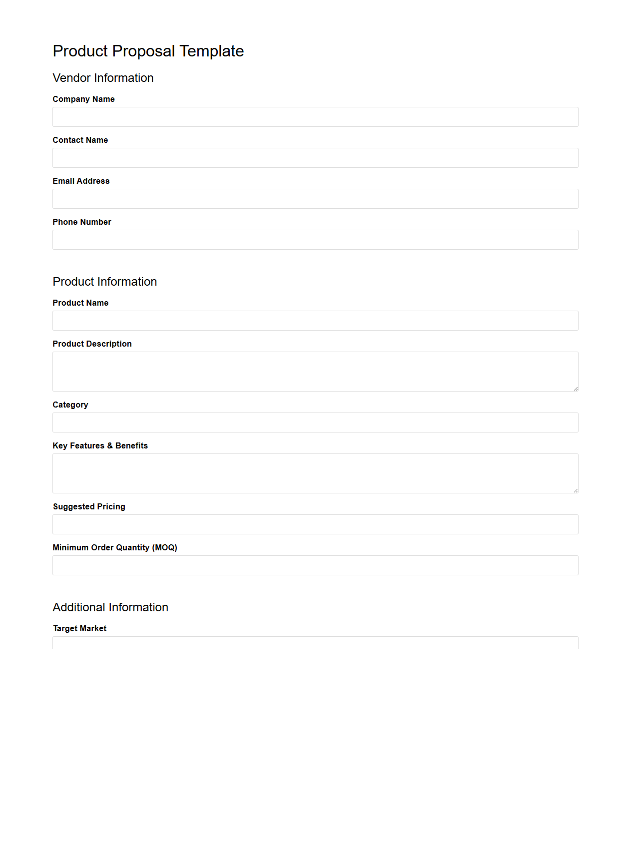 Blank Product Proposal Template for Vendor Applications