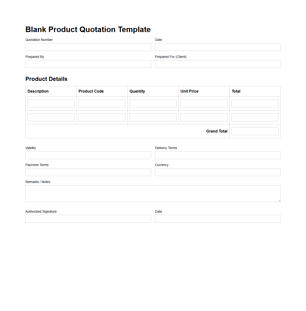 Blank Product Quotation Template for Contracts