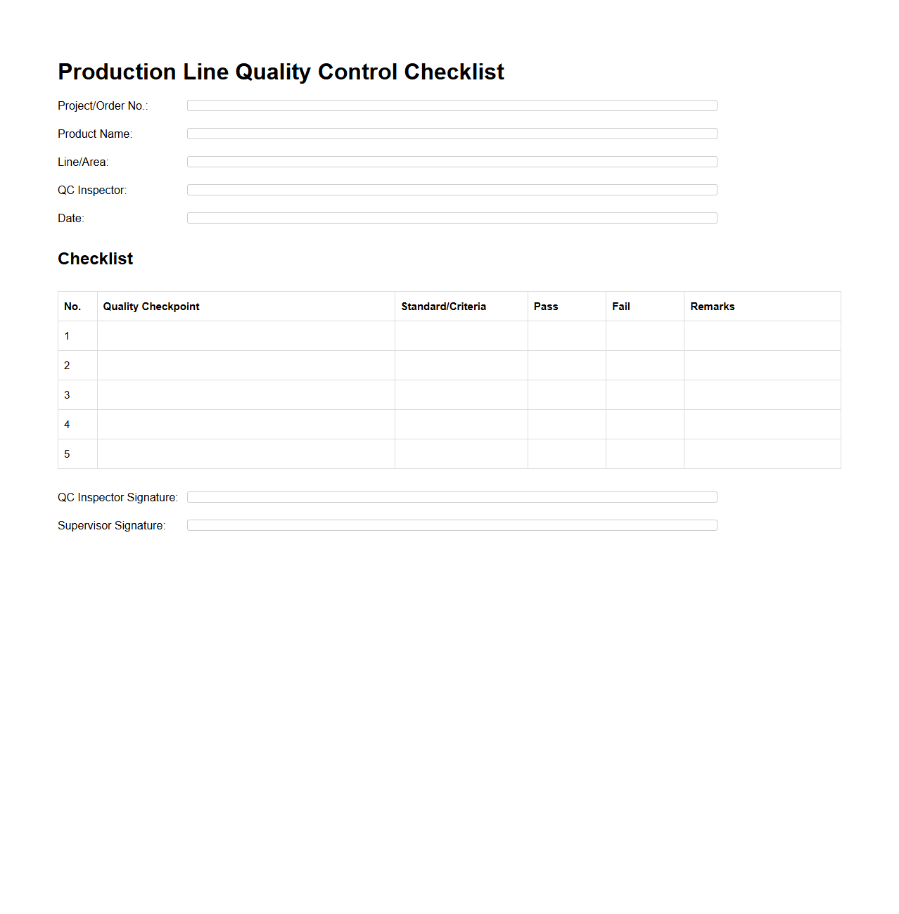 Blank Production Line Quality Control Checklist