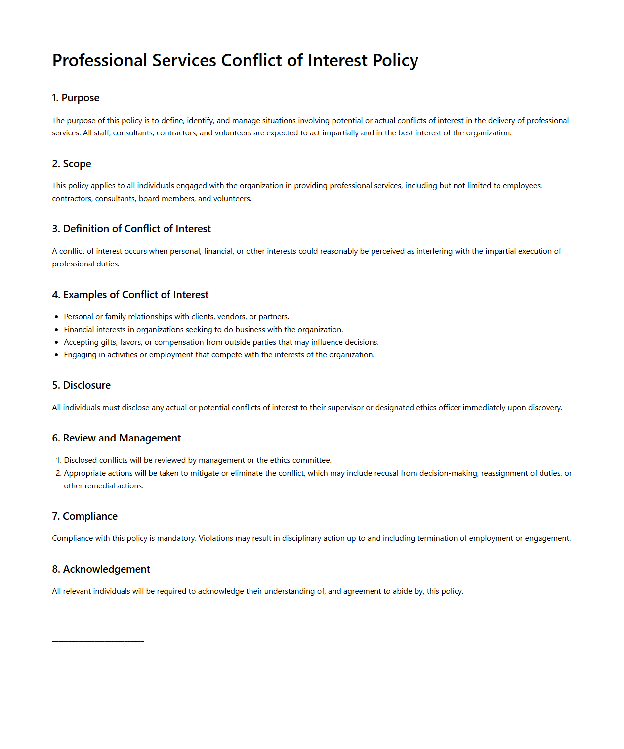 Blank Professional Services Conflict of Interest Policy