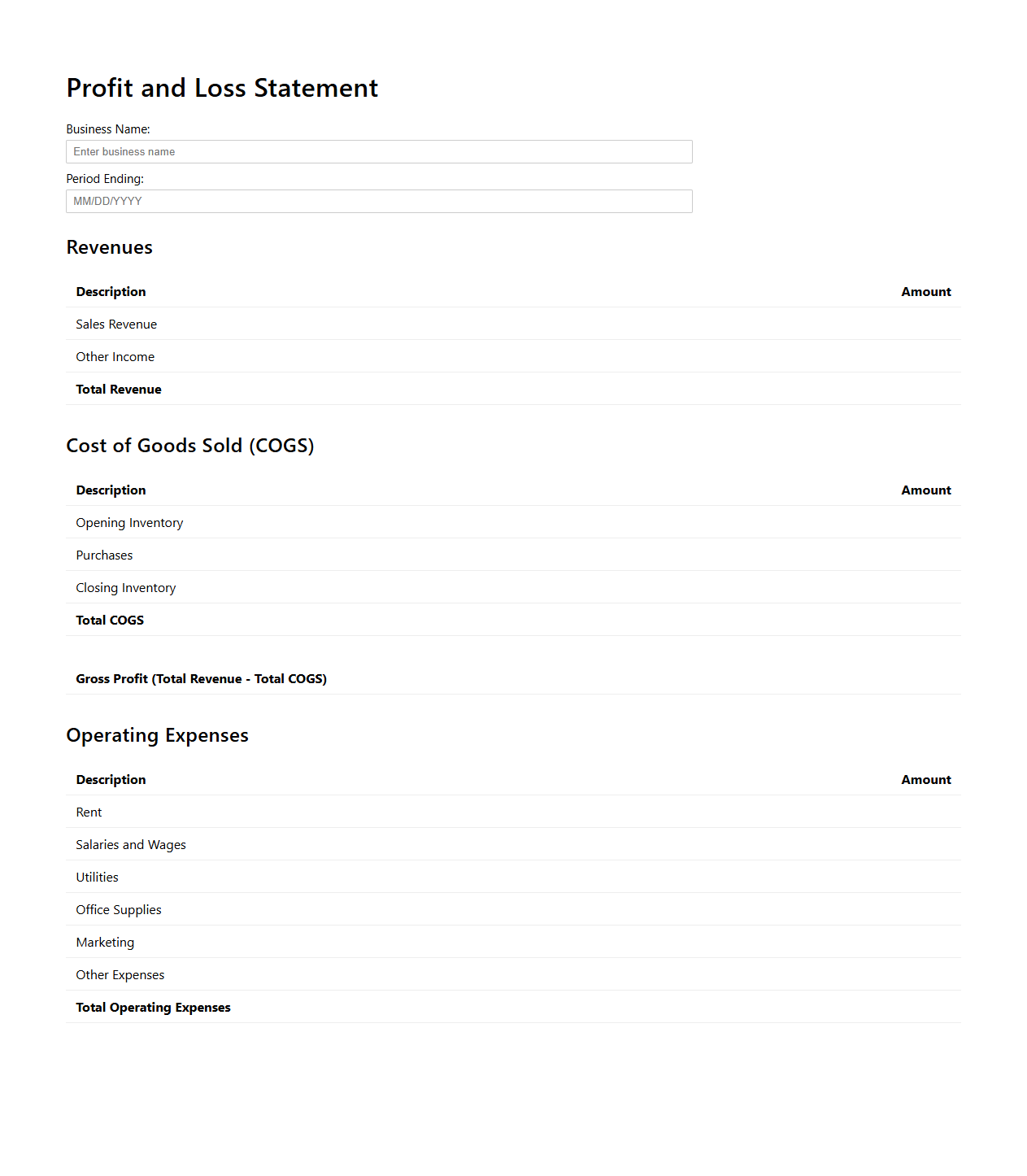 Blank Profit and Loss Statement Template for Small Businesses