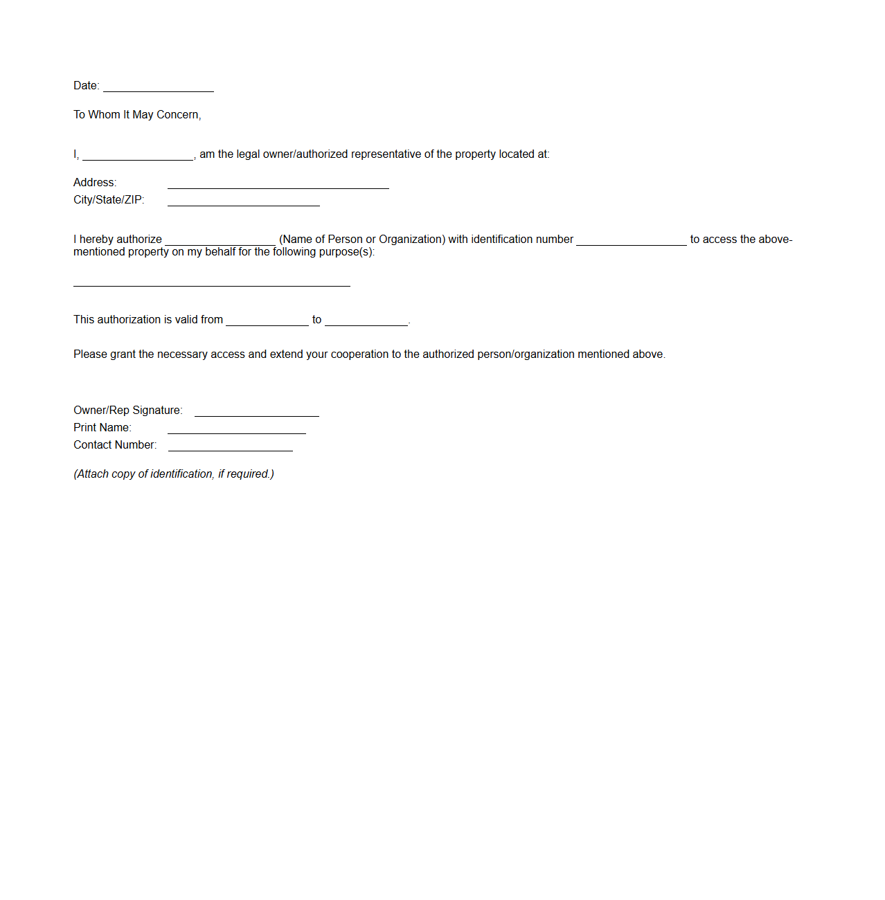 Blank Property Access Authorization Letter Template